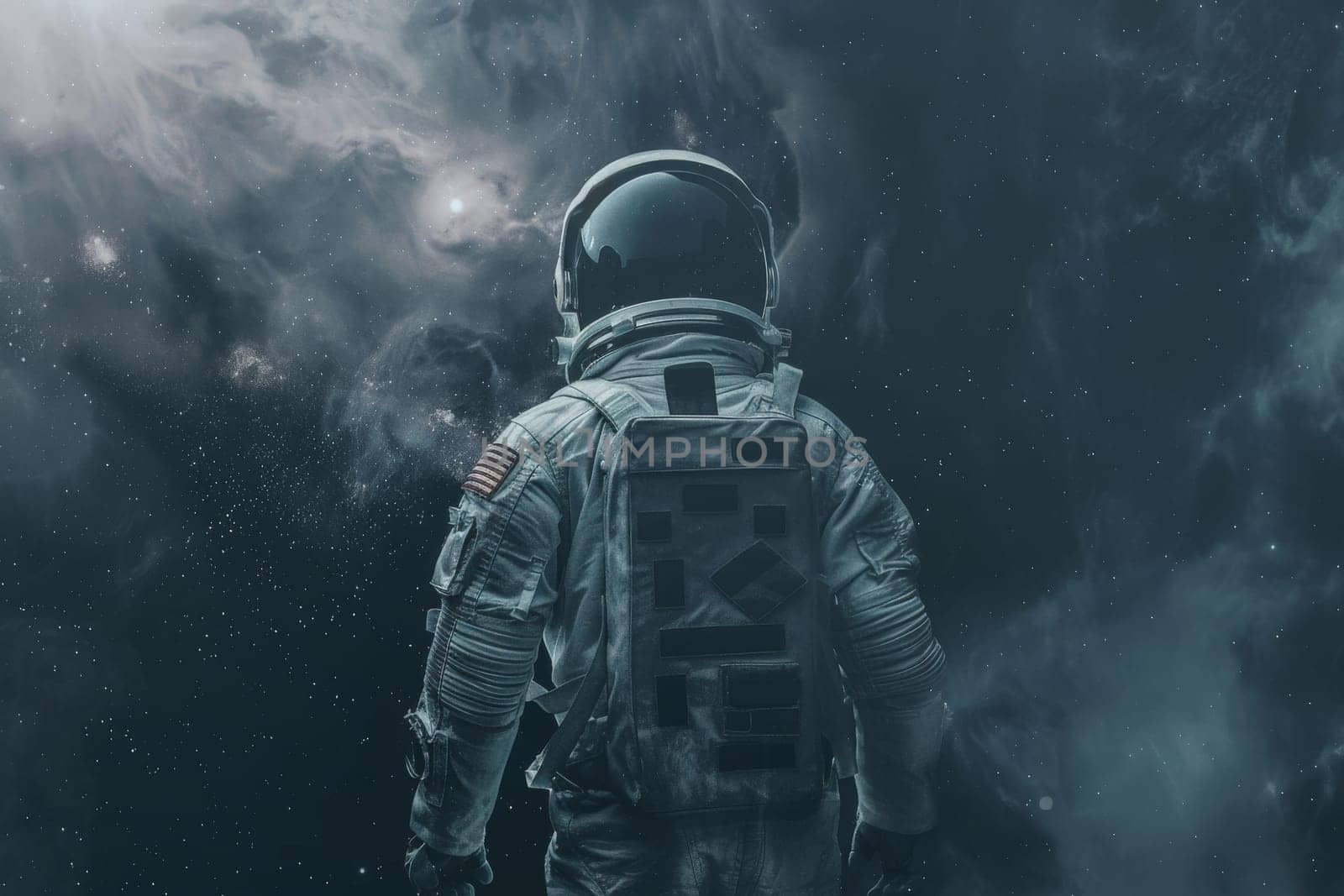 A man in a space suit is standing in front of a star. The image has a mood of exploration and adventure