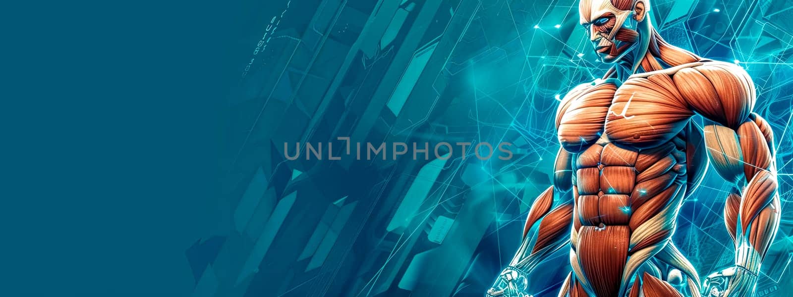 Cybernetic muscle anatomy on futuristic interface background, copy space by Edophoto