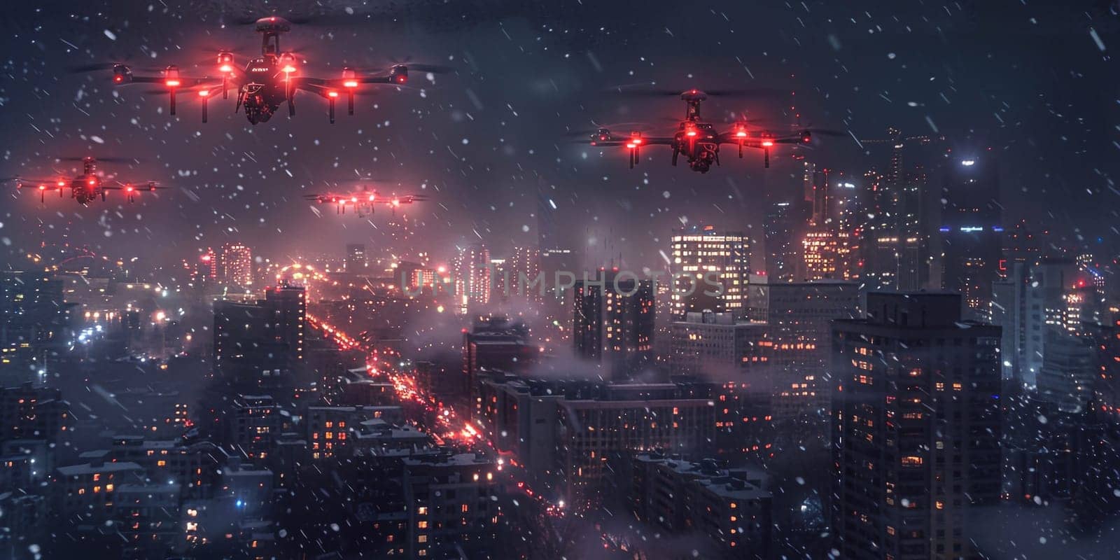 Drones battle over the city at night time. High quality photo