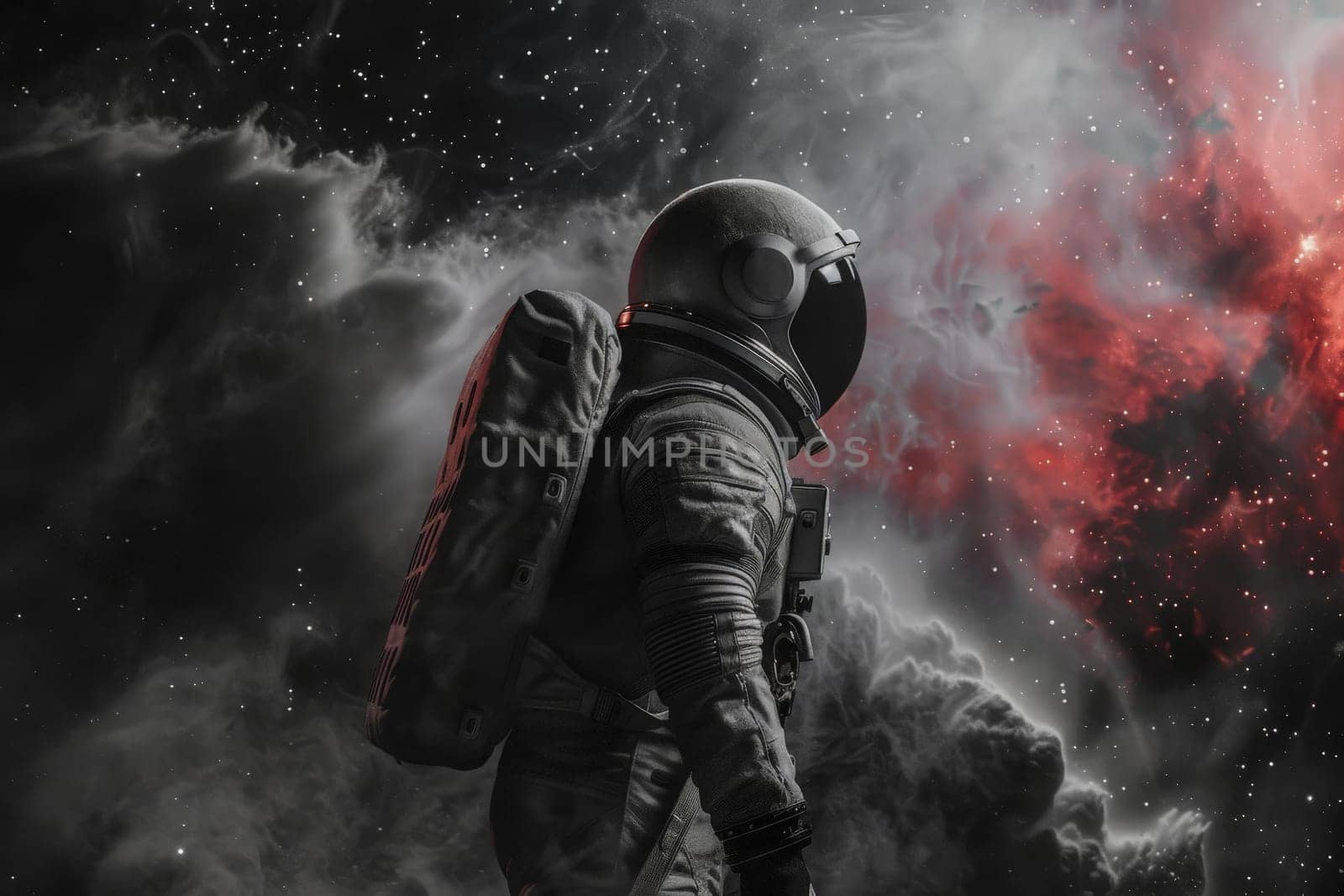 A man in a space suit is standing in front of a red cloud by nateemee