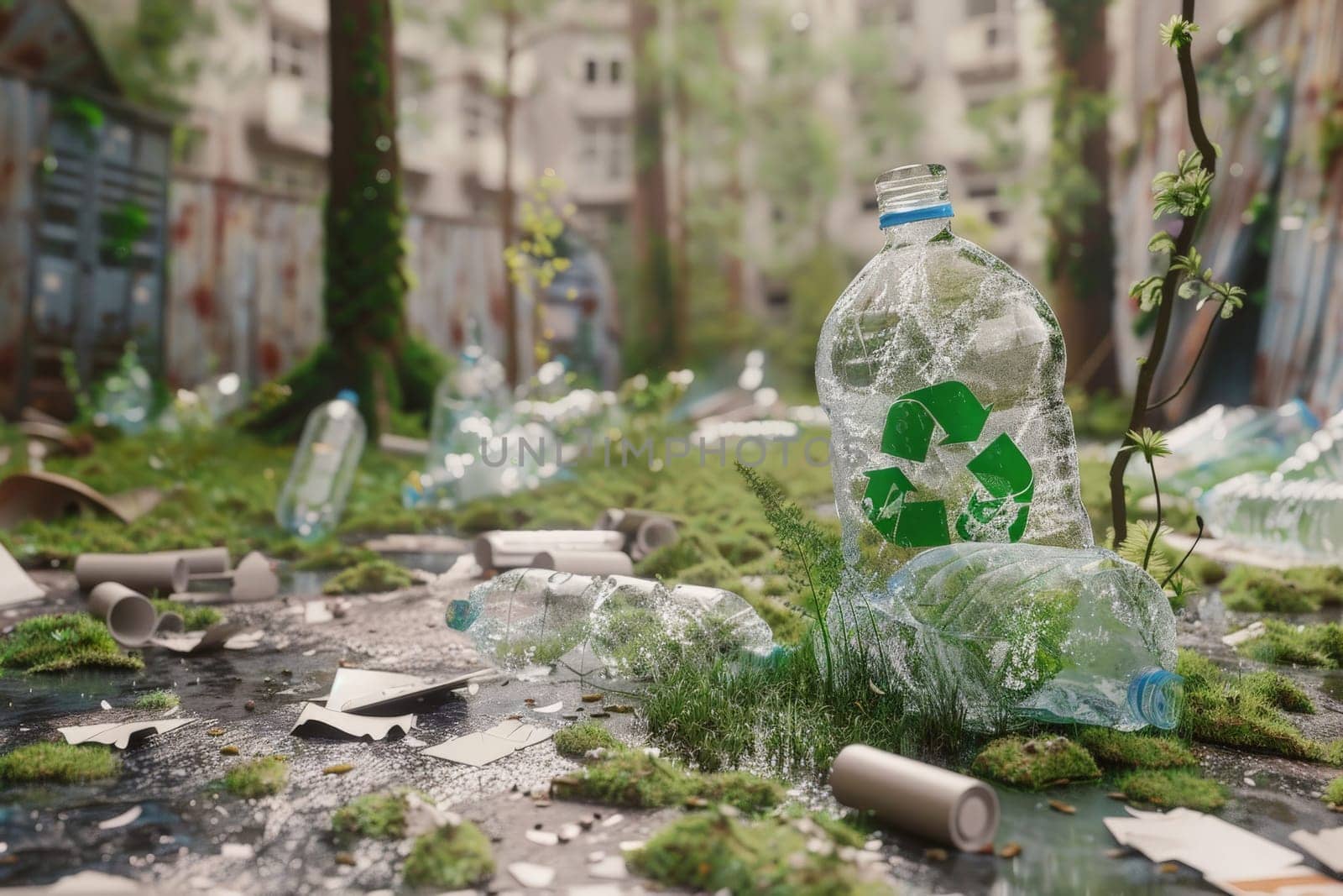 A bottle of water is broken and scattered on the ground. The bottle is surrounded by trash and debris, and the grass is wet. Concept of neglect and pollution, as the bottle