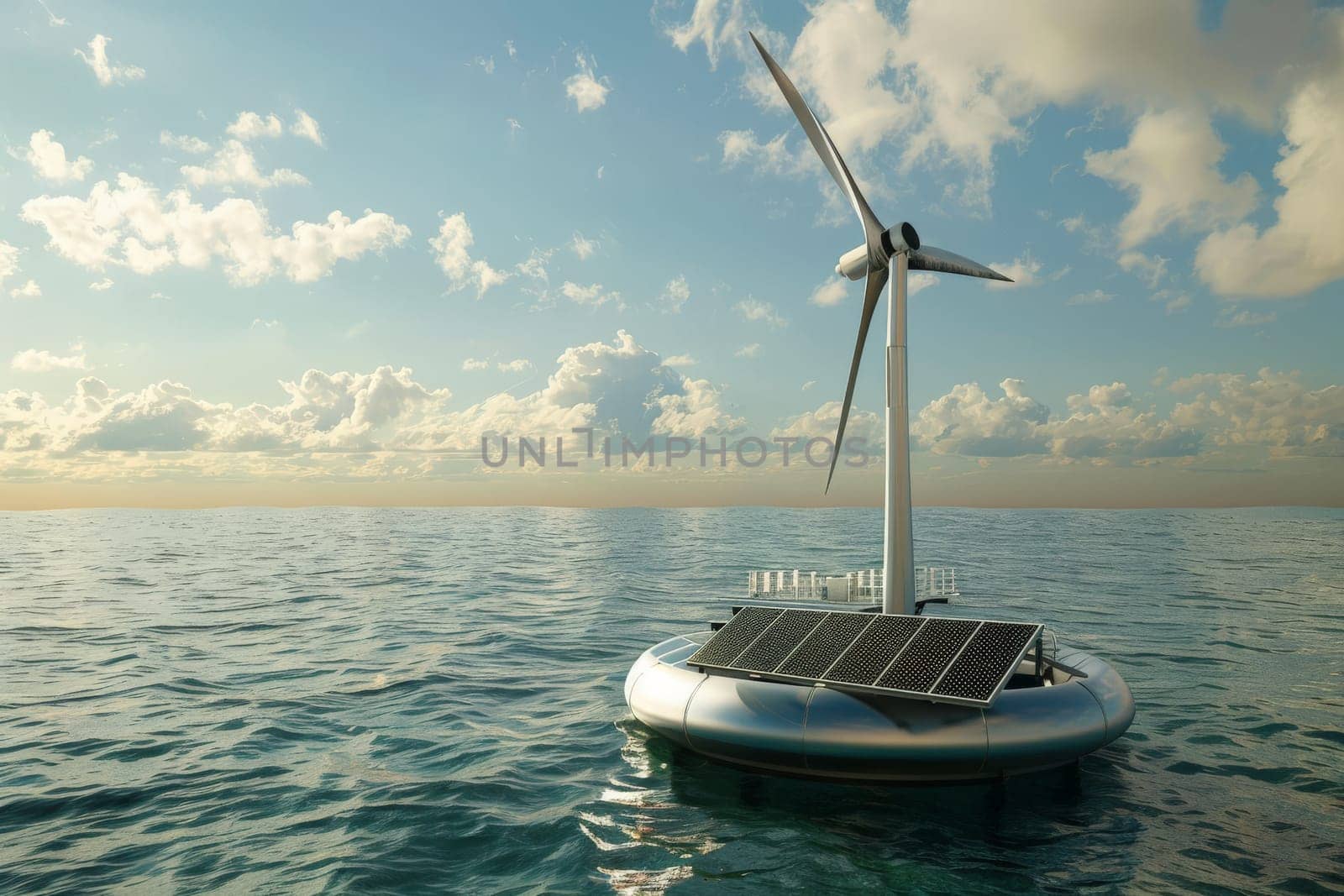 A wind turbine is floating on the ocean. The turbine is surrounded by water and is in the middle of the ocean