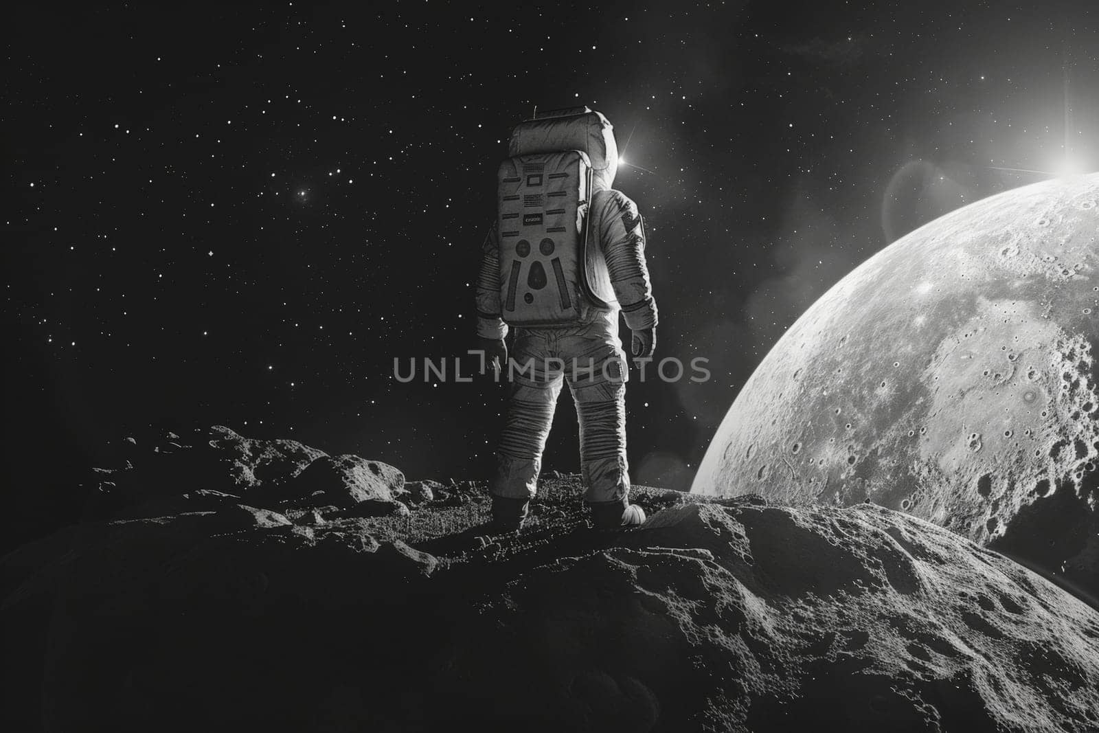 A man in a spacesuit stands on a rocky surface looking up at a large planet. The image has a sense of wonder and exploration, as the man is in a space suit and he is an astronaut