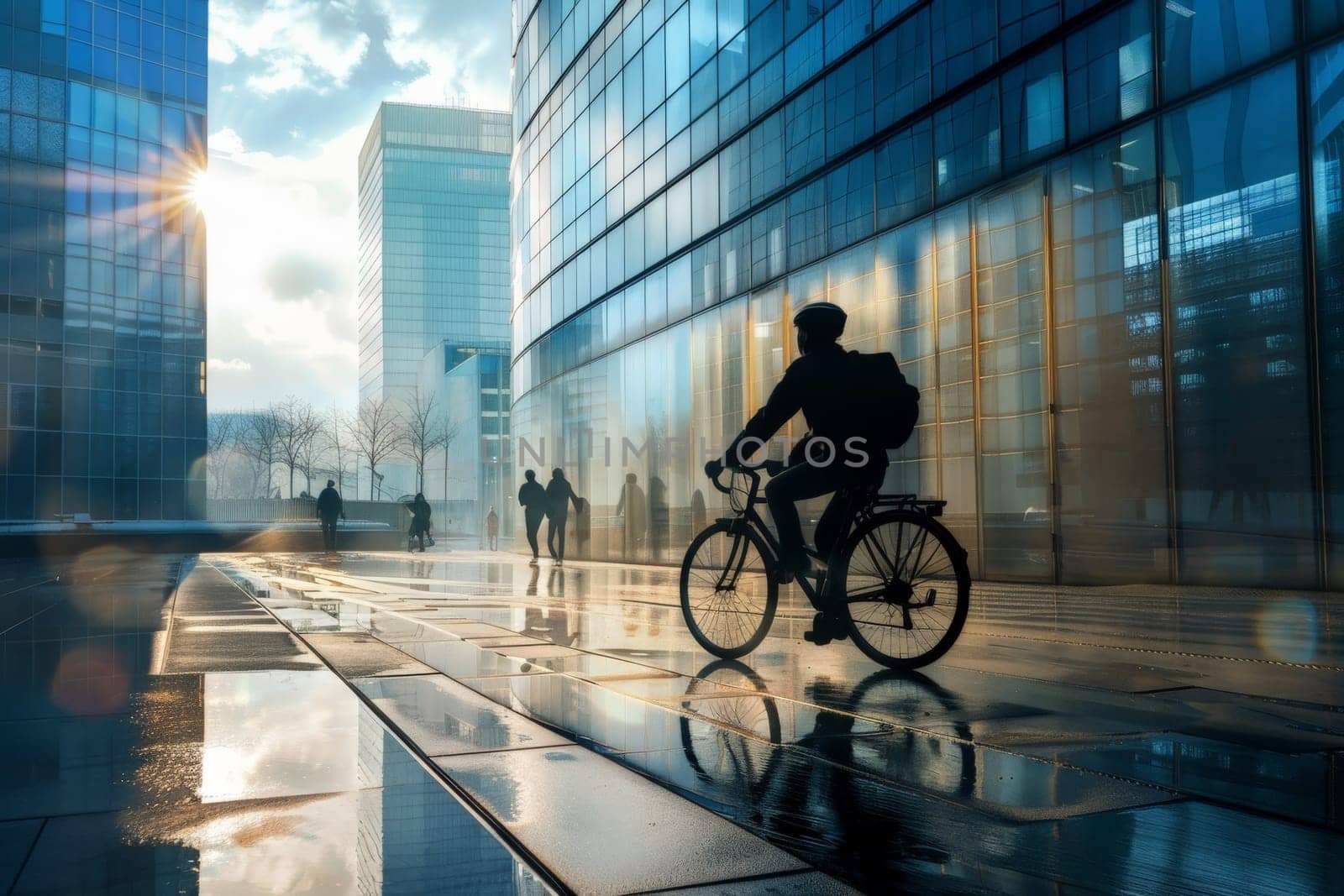 A man rides a bicycle in a city with a cloudy sky. The man is wearing a backpack