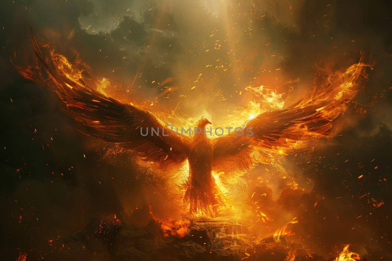 A fiery bird with its wings spread out in the sky. The bird is surrounded by fire and smoke, creating a sense of danger and chaos. The image conveys a feeling of destruction and the power of nature