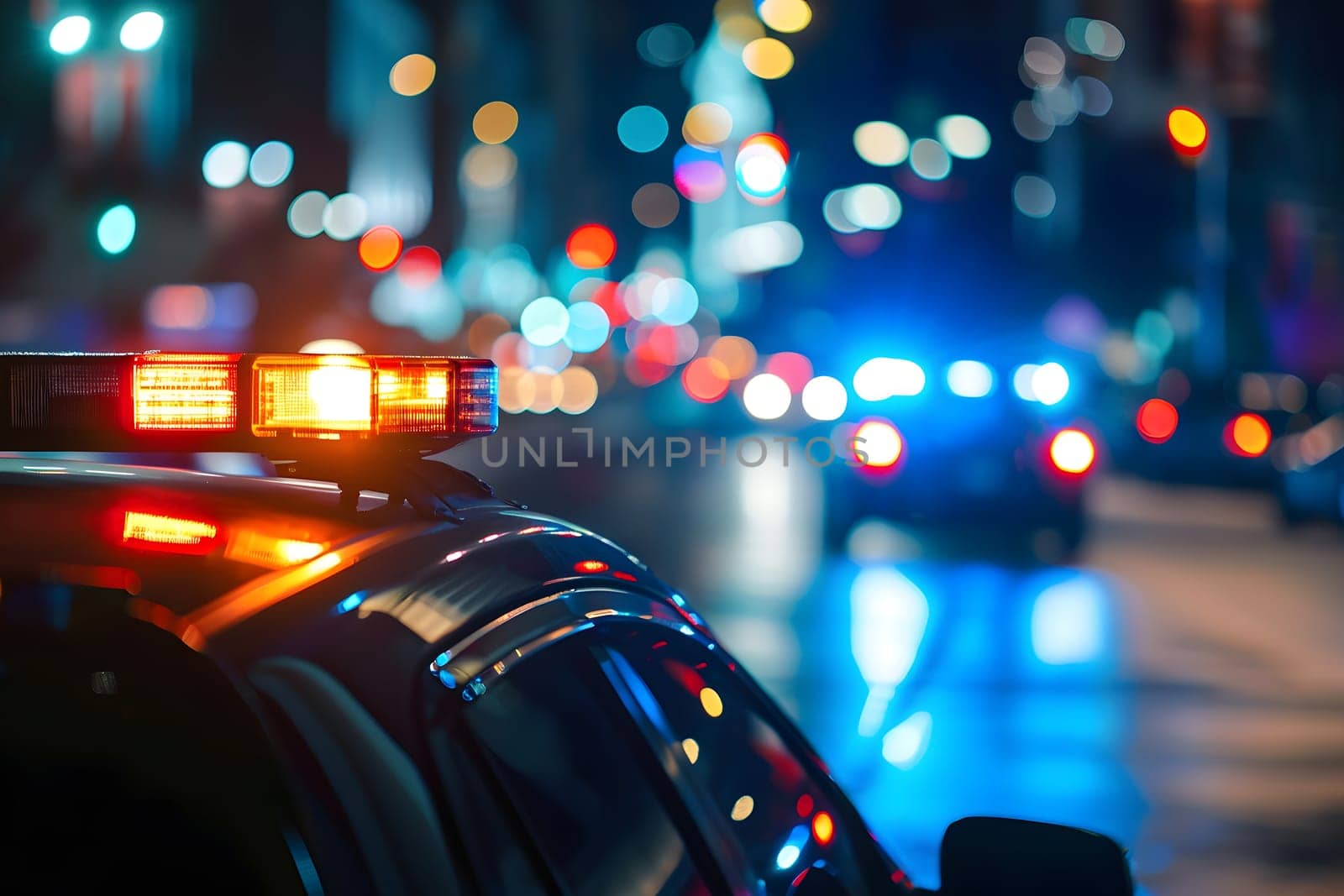 police car lights at night in city street with selective focus and bokeh. Neural network generated image. Not based on any actual person or scene.