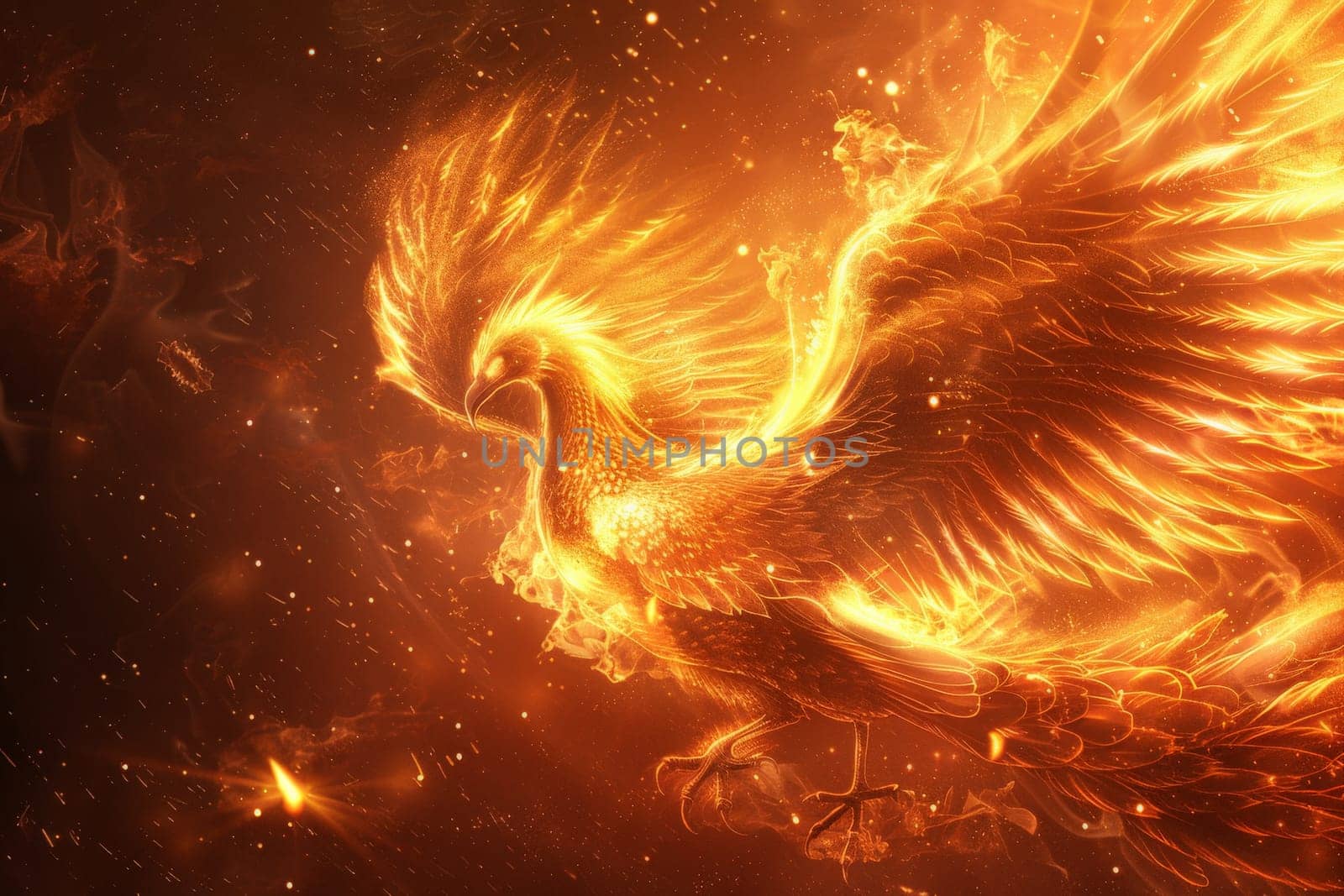 A fiery bird with its wings spread wide, soaring through the sky. Concept of freedom and power, as the bird's vibrant colors and majestic wingspan create a striking visual