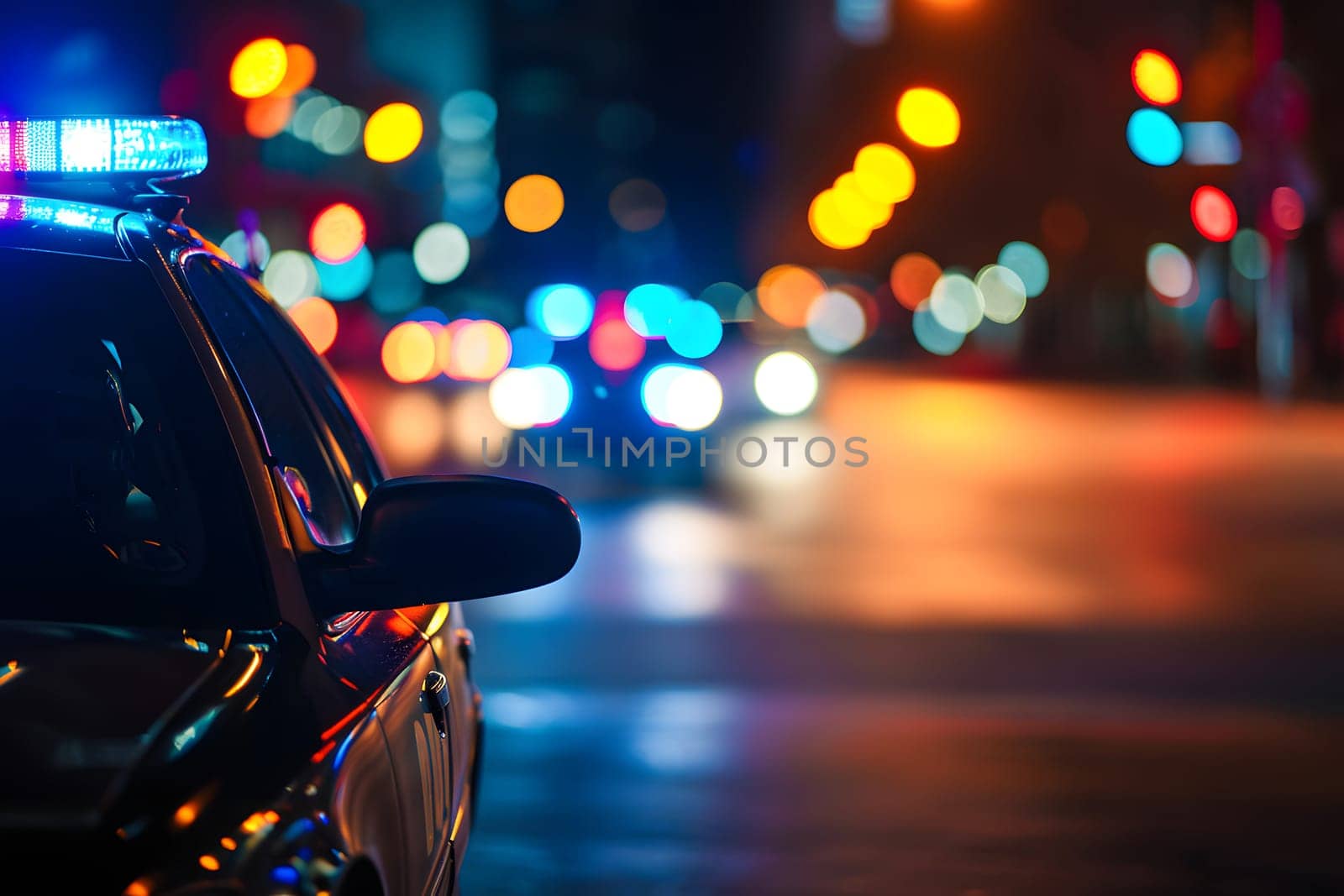 police car lights at night in city street with selective focus and bokeh. Neural network generated image. Not based on any actual person or scene.