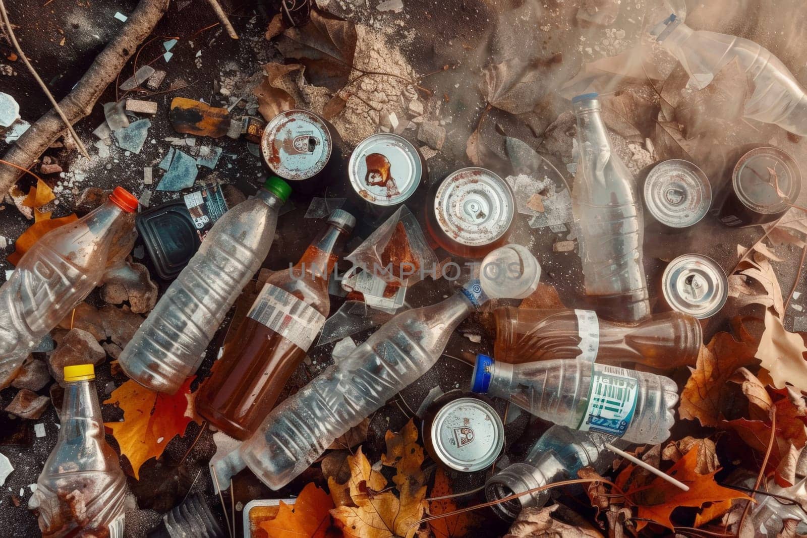 A pile of trash including bottles, cans, and other debris. Scene is one of waste and pollution