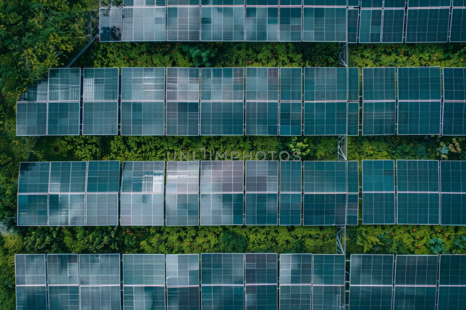 A series of solar panels are shown in a green forest. The panels are old and rusted, but they are still functional. Concept of sustainability and environmental responsibility