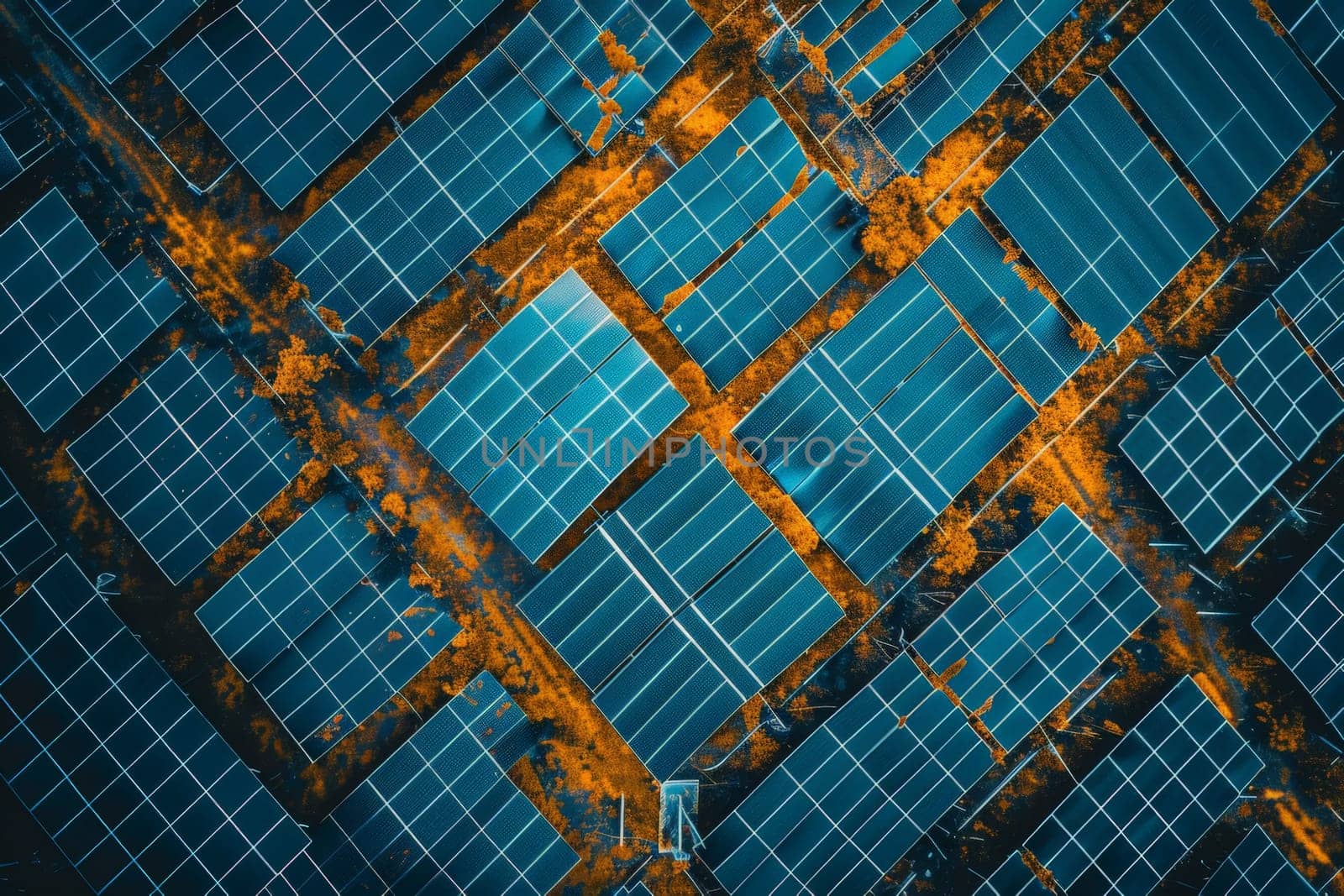 A blue and orange solar panel field. The blue panels are in the foreground and the orange panels are in the background