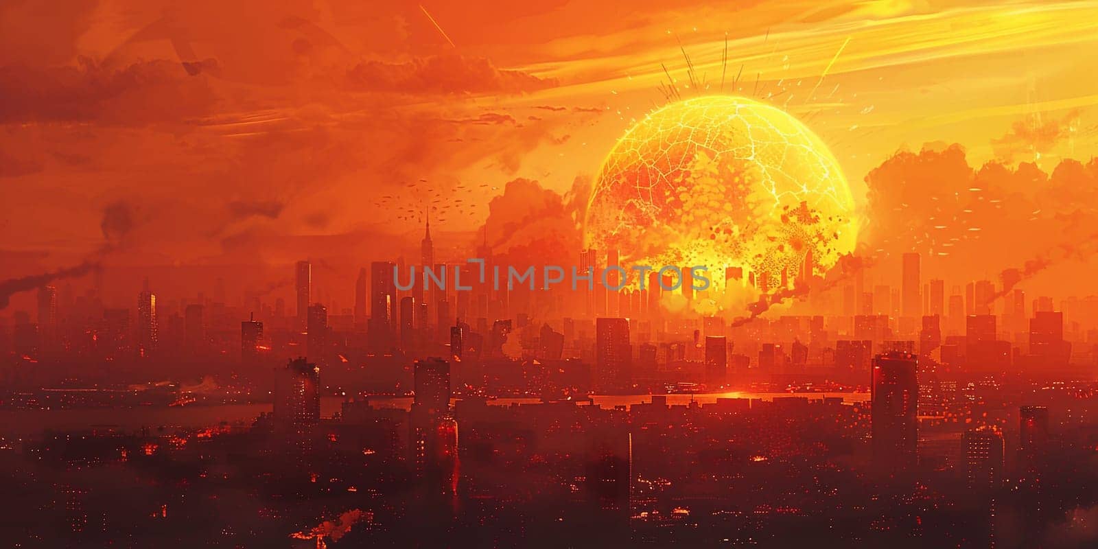 3d illustration of nuclear warhead fell on the city smoke and fire mushroom hat.