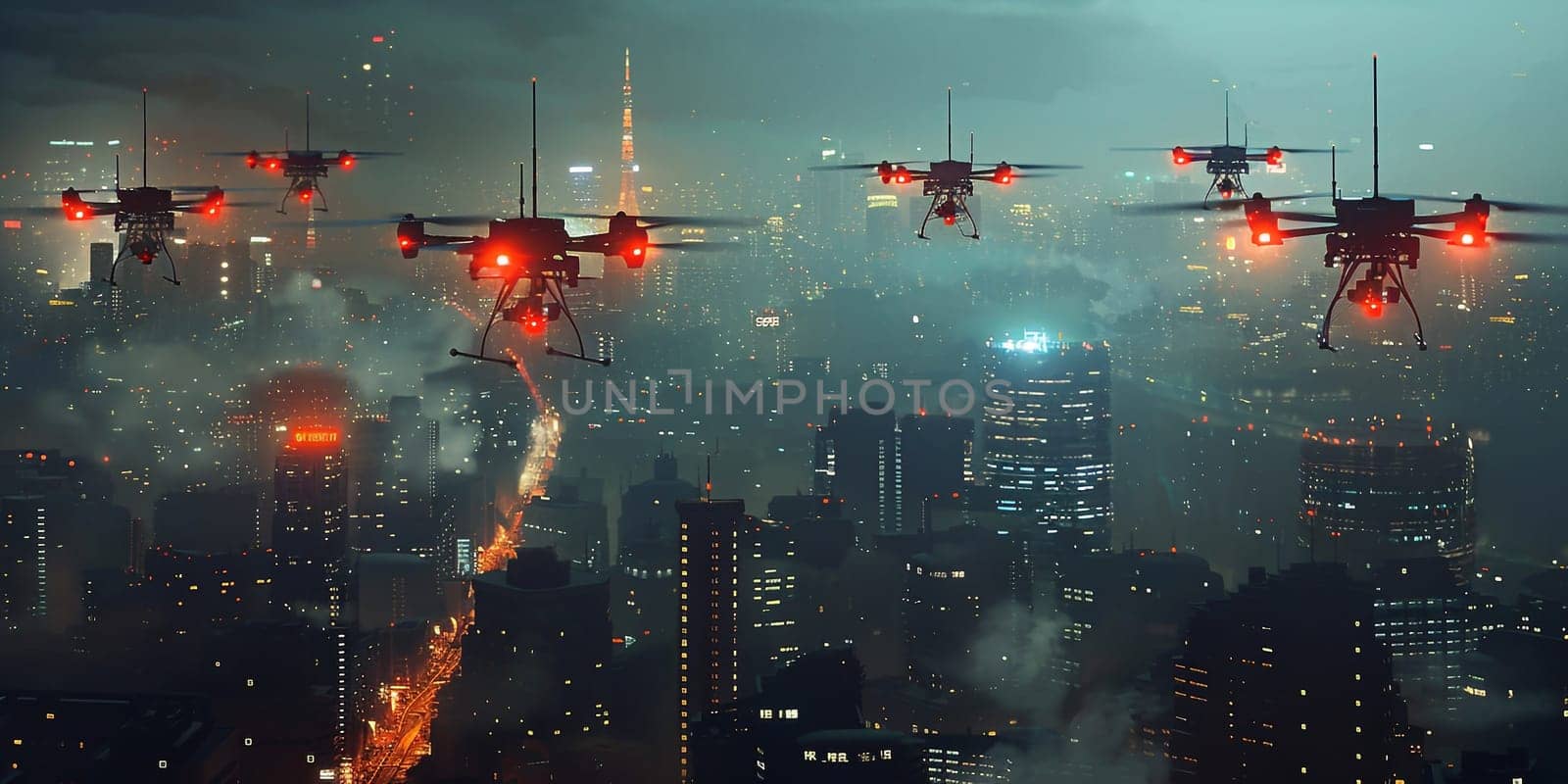 Drones battle over the city at night time. High quality photo