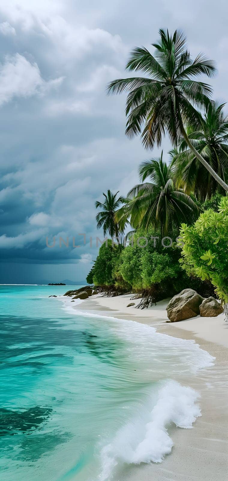 tropical beach view at cloudy stormy day with white sand, turquoise water and palm trees. Neural network generated image. Not based on any actual scene or pattern.