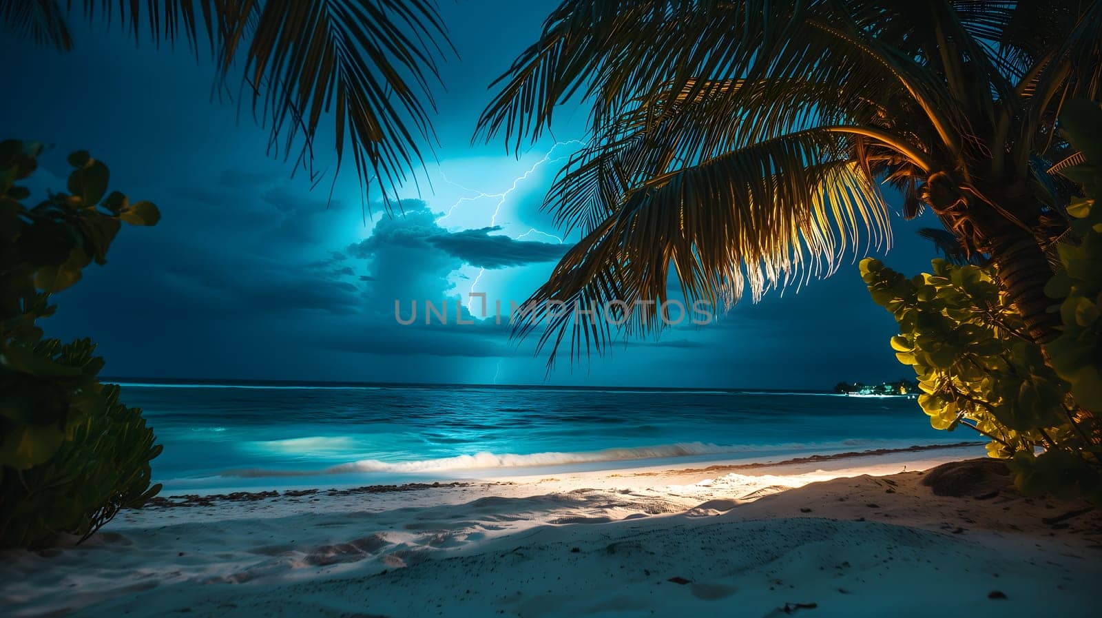 tropical beach view at cloudy stormy night with white sand, turquoise water and palm trees, neural network generated image by z1b