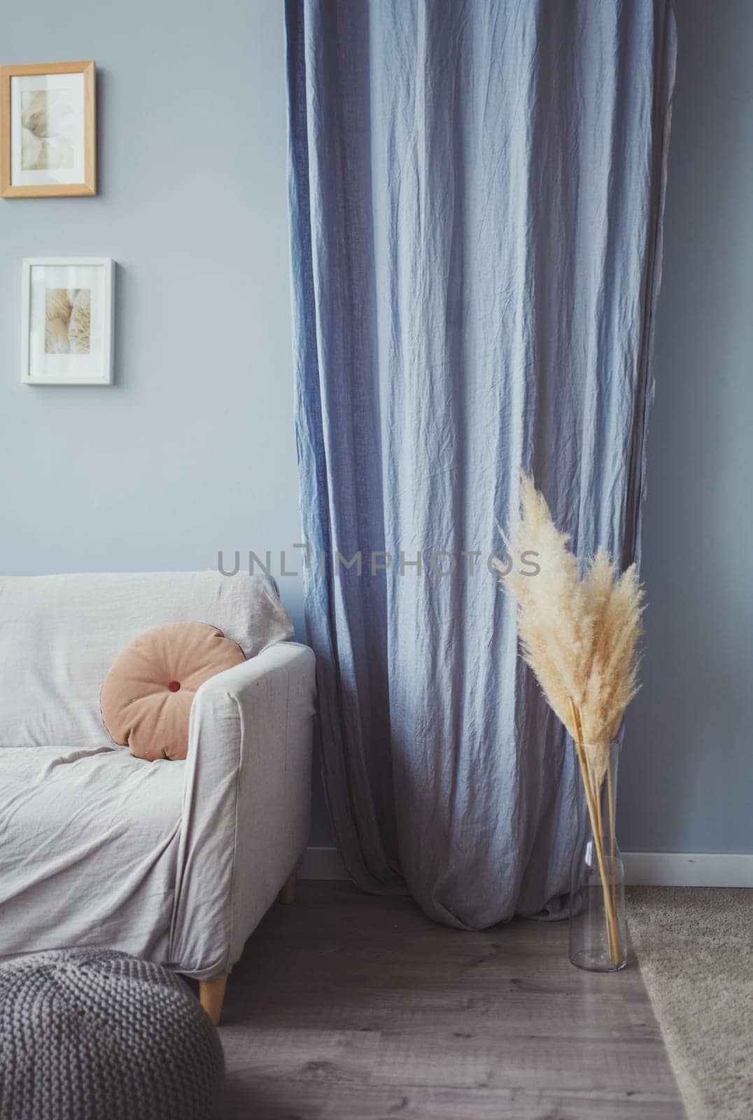 Cozy living room, sofa with pillow and curtains
