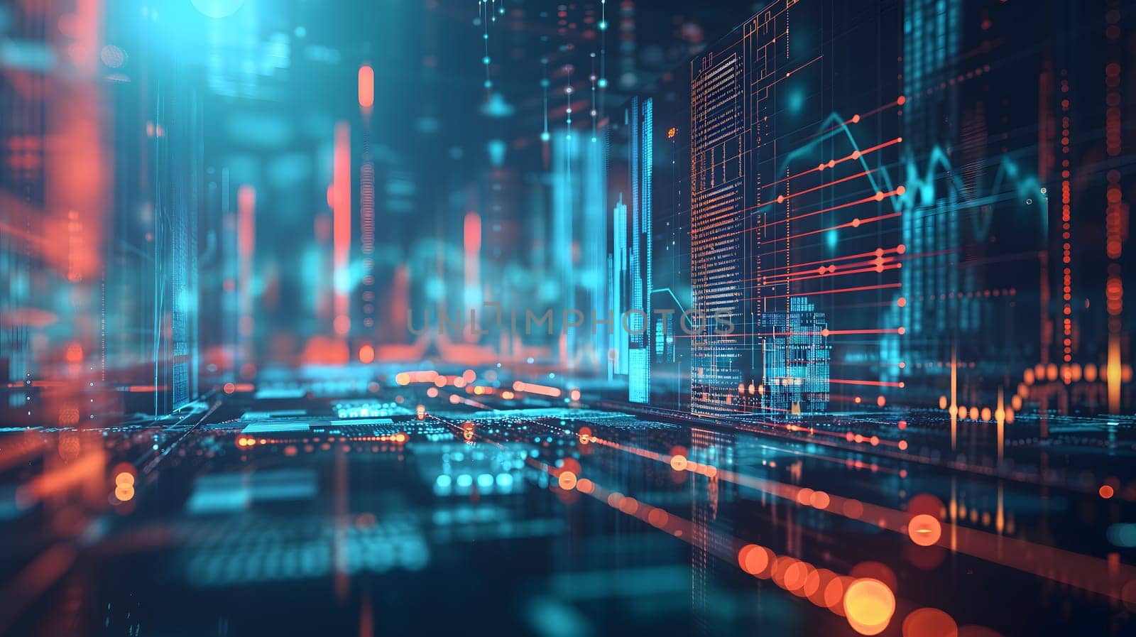 Dynamic Finance Flow, Double Exposure of Data and Technology background. Neural network generated image. Not based on any actual scene or pattern.