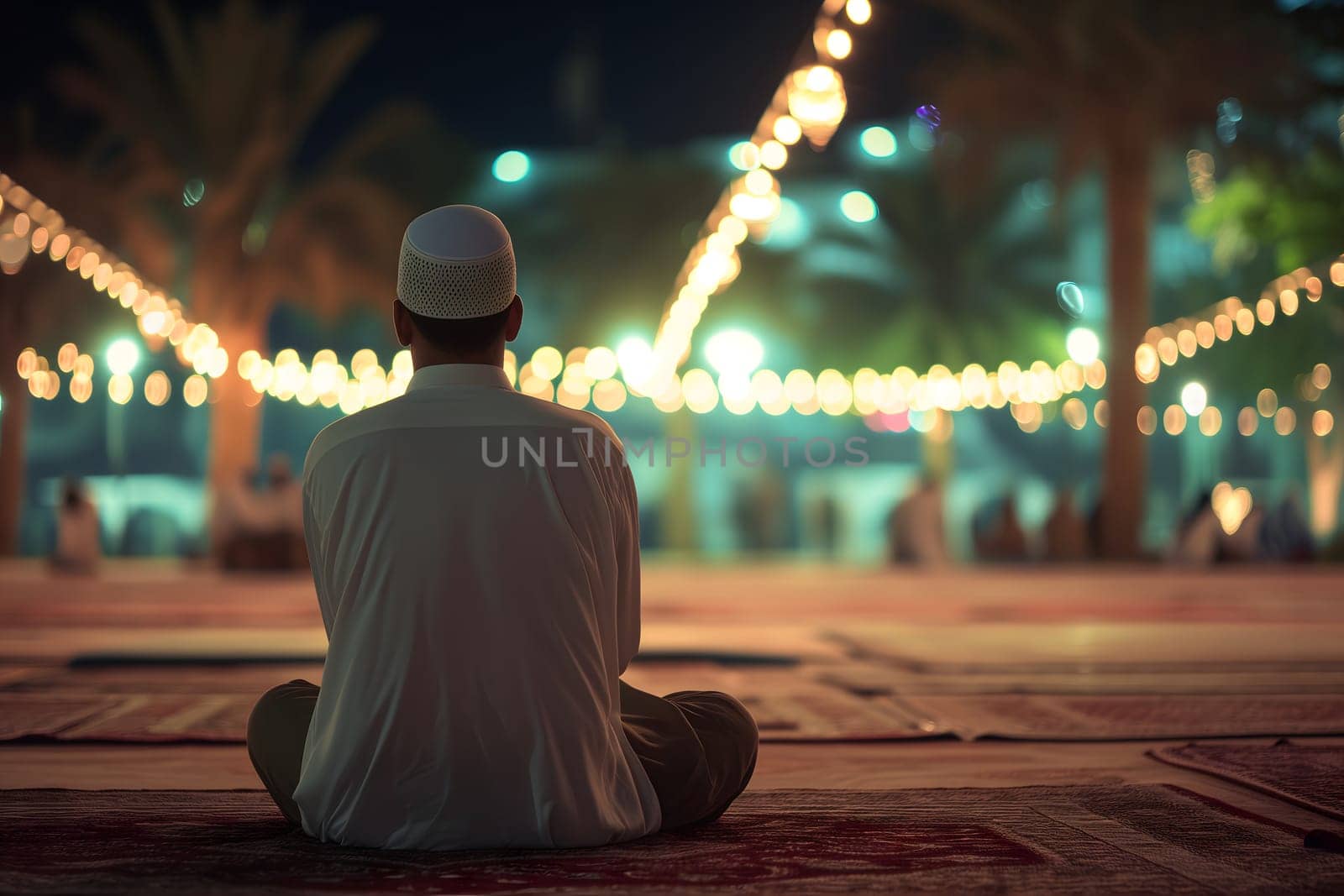 Muslim prayer in white clothes sitting at Ramadan night with selective focus. Neural network generated in January 2024. Not based on any actual scene or pattern.