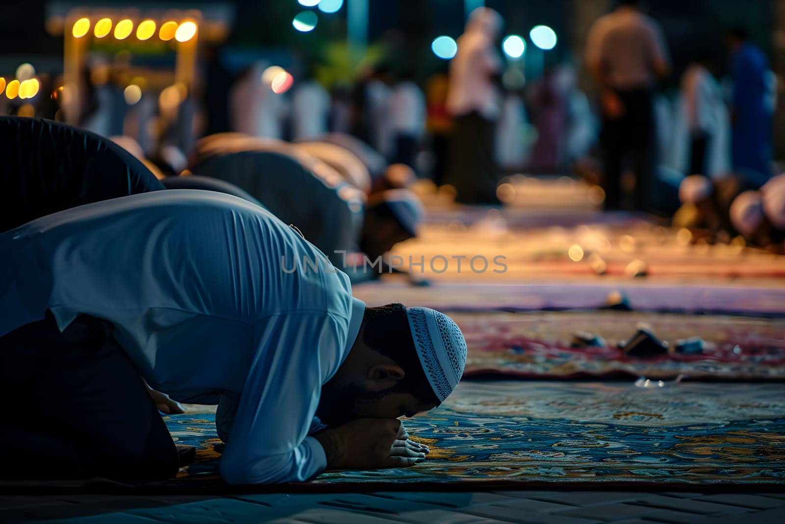 Muslim prayers praying at Ramadan night with selective focus, neural network generated image by z1b