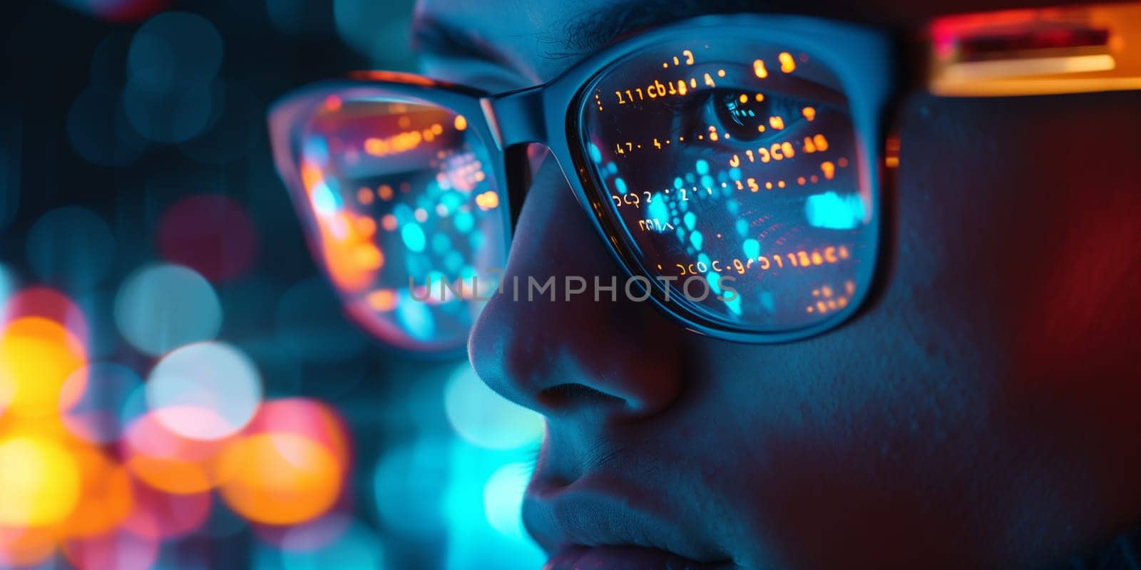 Futuristic monitor on face with code and information hologram. Eye hud animation. Future concept. High quality photo