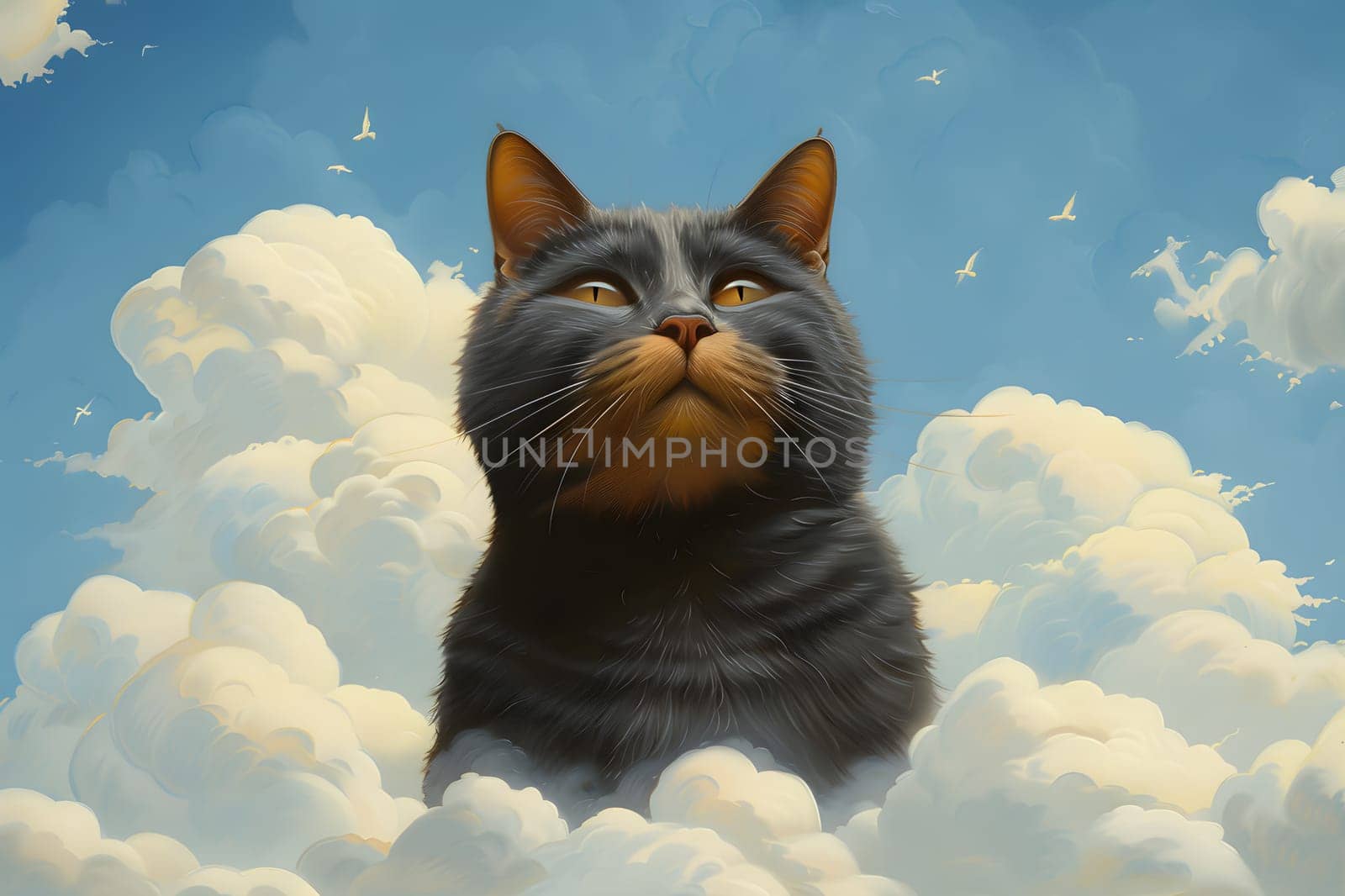 A small to mediumsized cat from the Felidae family is sitting in the cumulus clouds, gazing up at the sky with its whiskers twitching and its carnivorous snout alert