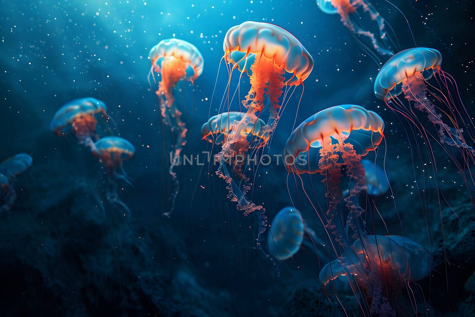 glowing sea jellyfishes on dark background, neural network generated image by z1b