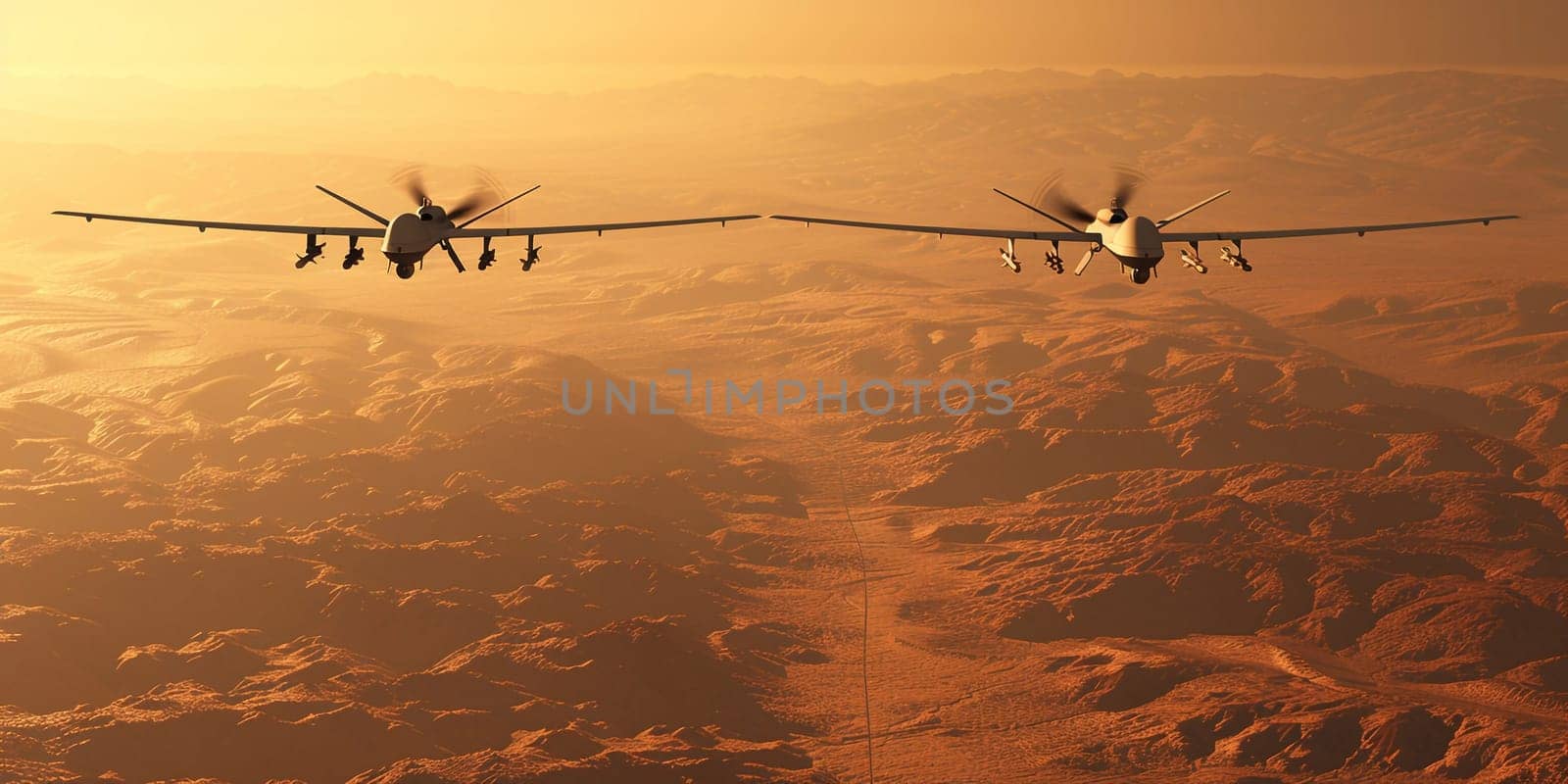 Unmanned military drone patrols the territory at sunset, view is straight ahead. High quality photo