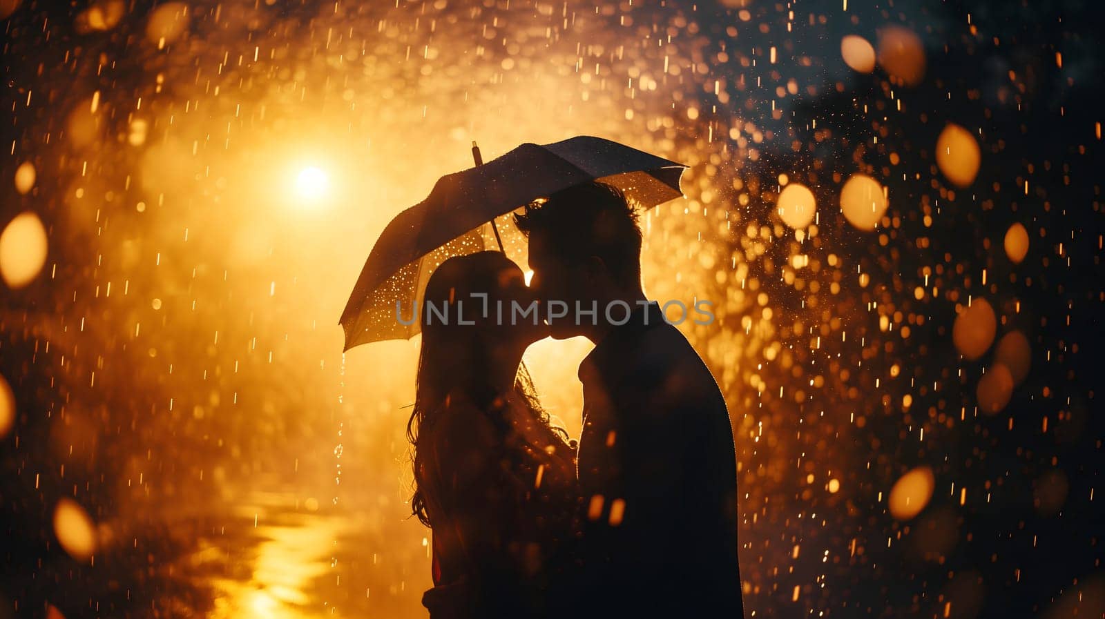 Couple kissing in the rain with back cinematic light. Neural network generated image. Not based on any actual person or scene.