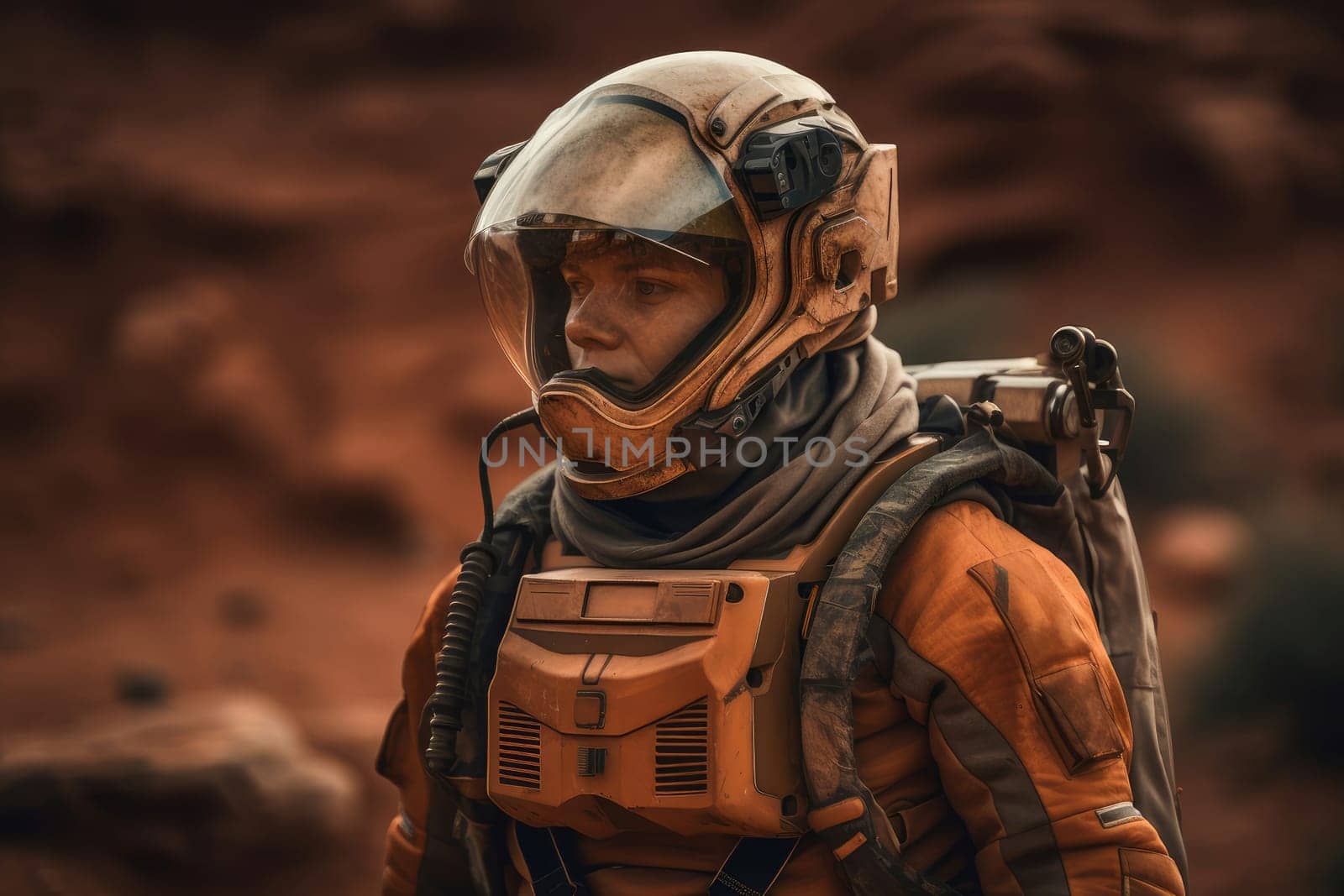 Astronaut spacesuit mars. Planet explorer. Fictional person. Generate Ai