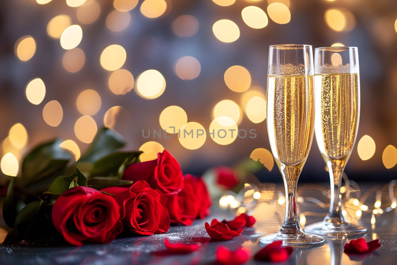 glasses with sparkling wine or champagne and red roses on table with bokeh lights in the background by z1b