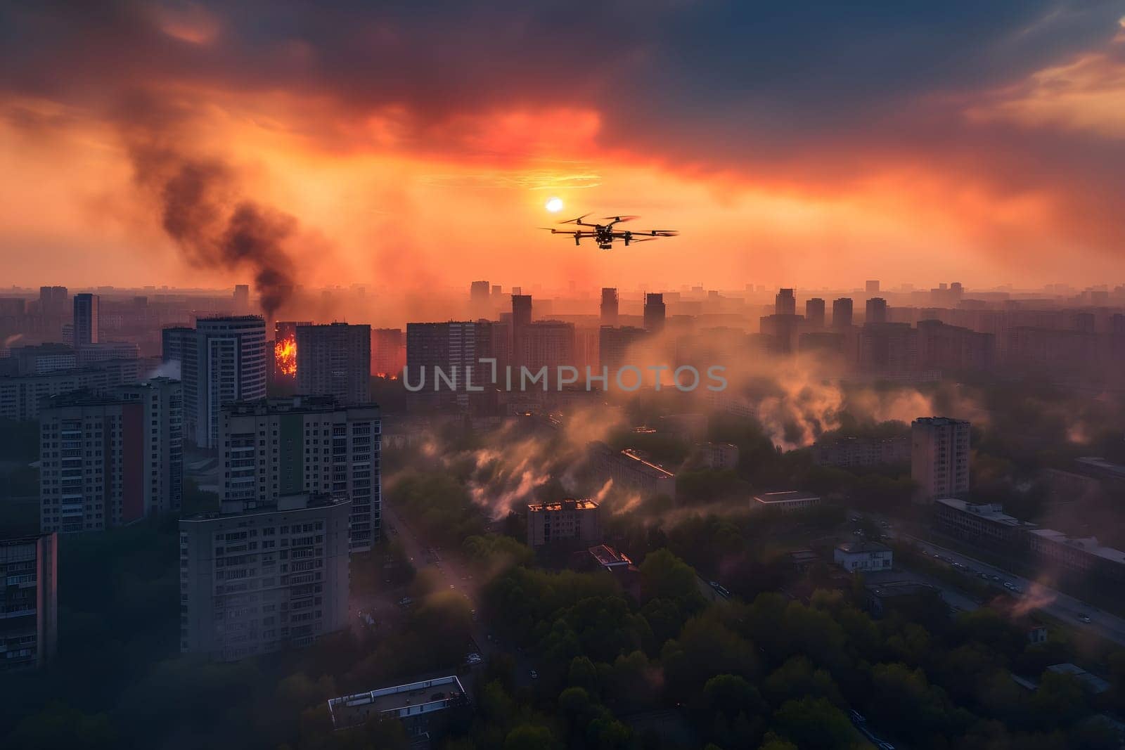 Copter drone over burning city at sunset or sunrise by z1b