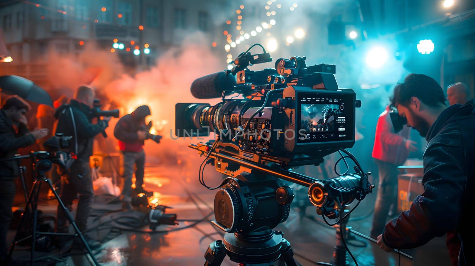 A crowd gathers around a camera on a tripod, capturing an event. Smoke and heat fill the air, creating an atmosphere of entertainment and art