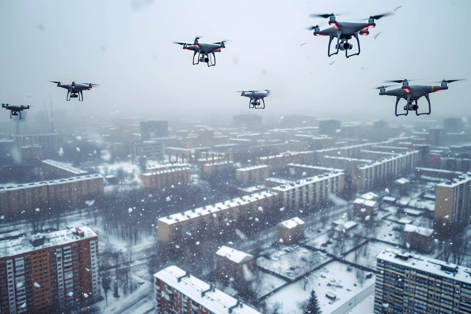 Group of drones over city at winter day or morning. Neural network generated image. Not based on any actual scene or pattern.