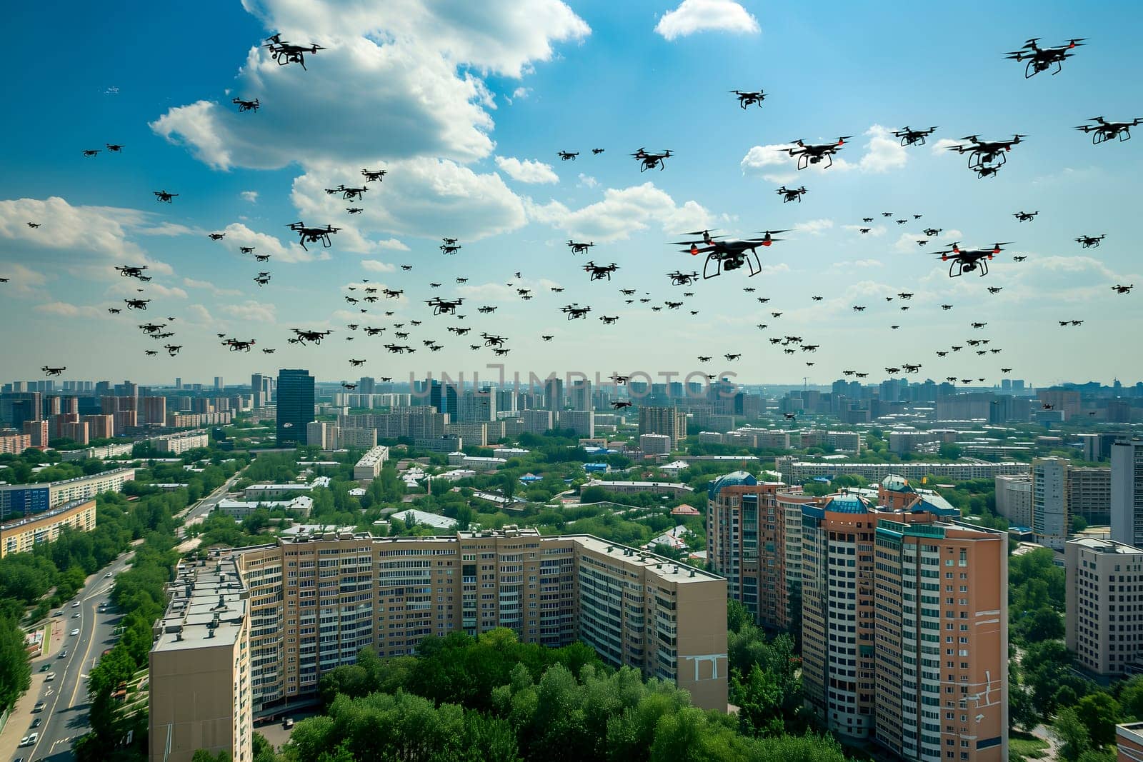 swarm of drones over city at summer morning by z1b