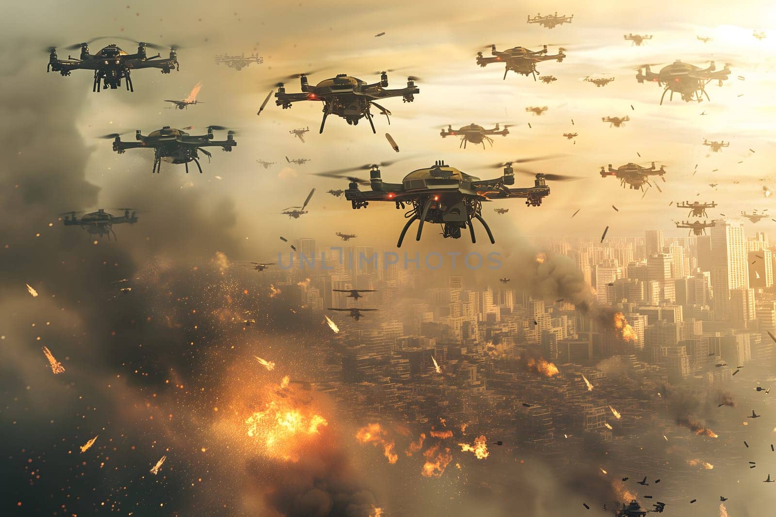 Swarm of flying drones above burning city at day time. Neural network generated image. Not based on any actual scene or pattern.
