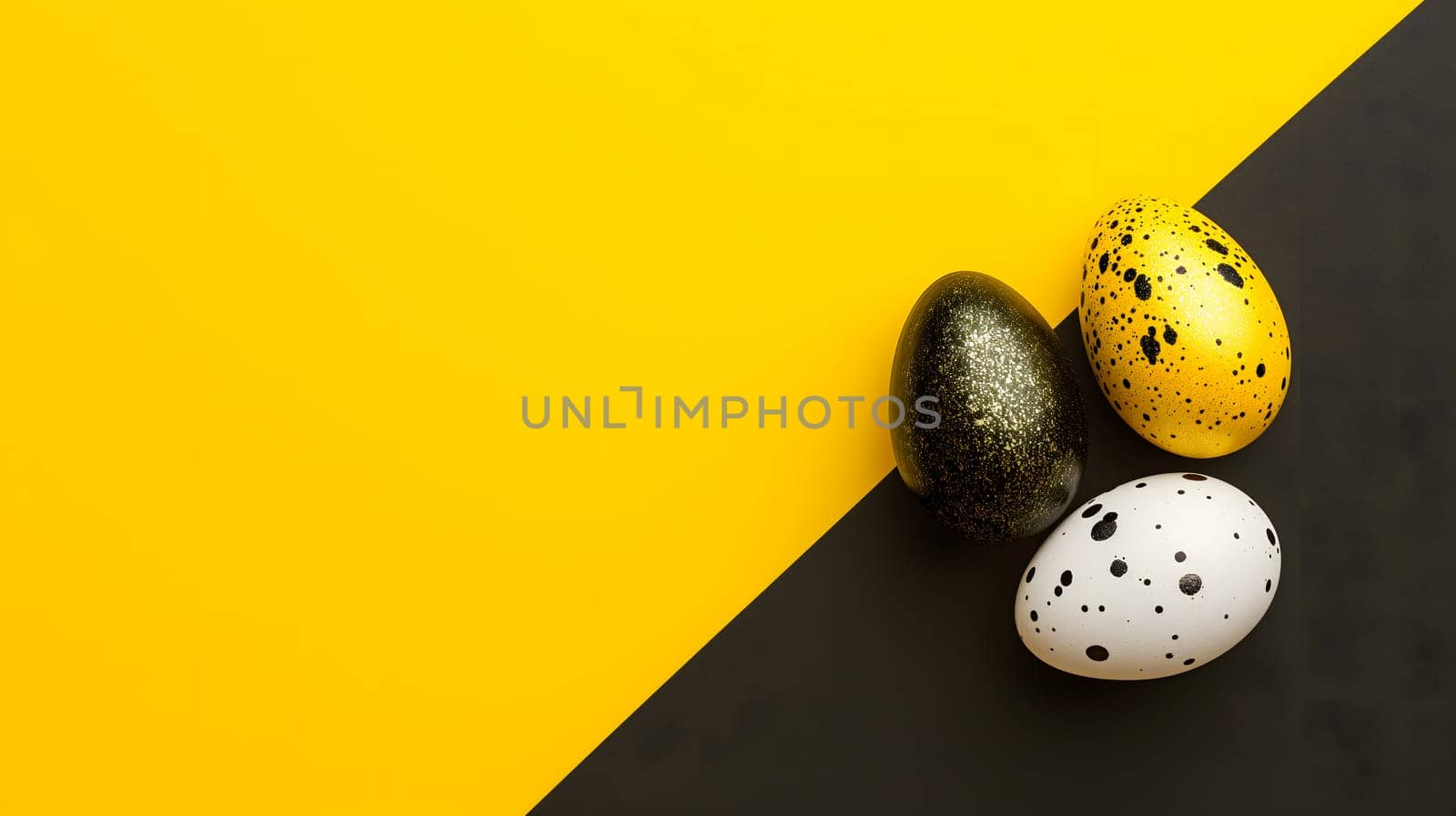 Golden, black, white Easter eggs on a yellow-black background. geometry. Minimal concept. View from above. Neural network generated image. Not based on any actual scene or pattern.