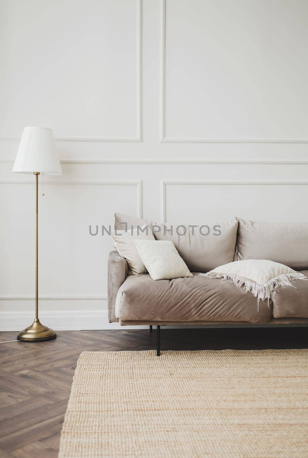 Real photo of the bright spacious interior of the living room with wooden floors and gray carpet and a sofa