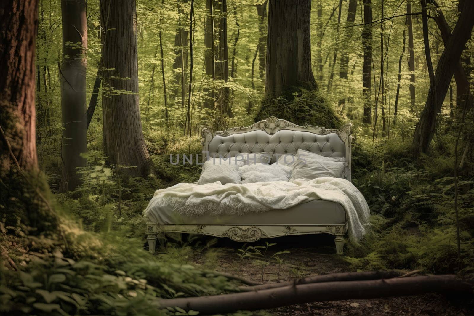 Bed middle forest. Generate Ai by ylivdesign