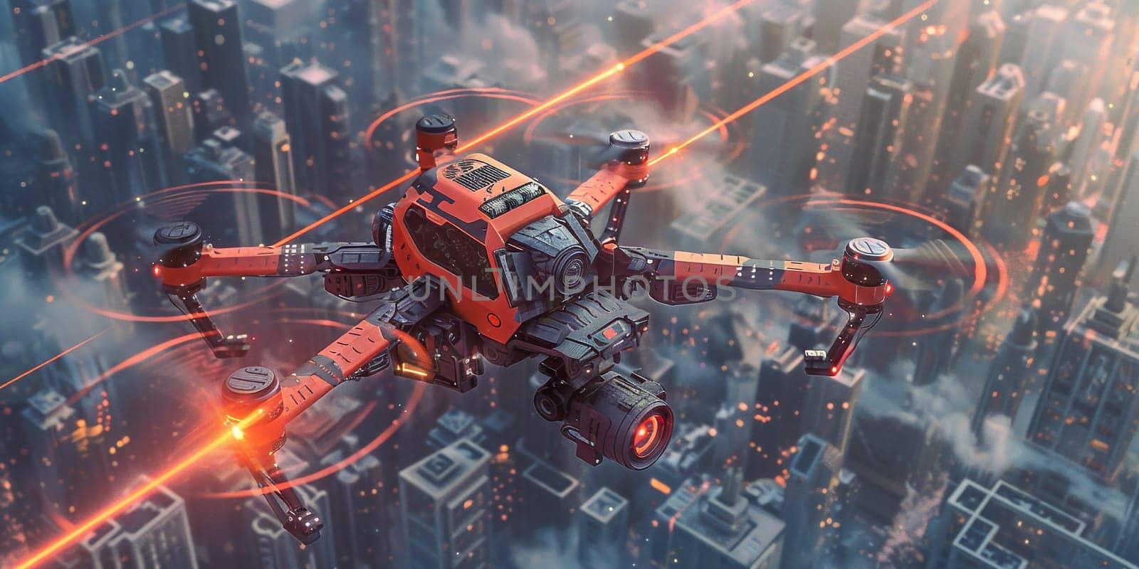 3D Jet plane emitting hot flames and embers over a city. High quality photo