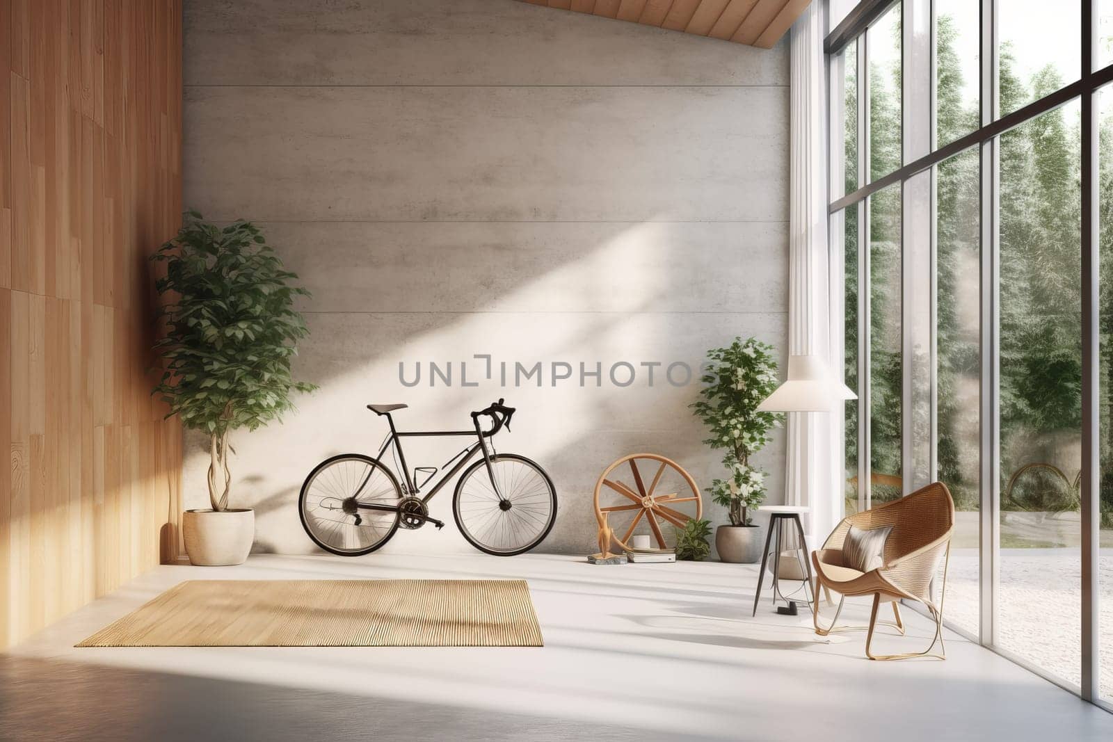 Bike inside modern house. Generate Ai by ylivdesign