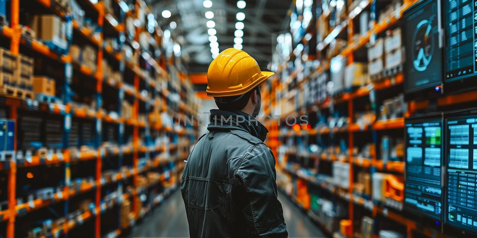 Worker in hard hat and red uniform in warehouse - back view.
