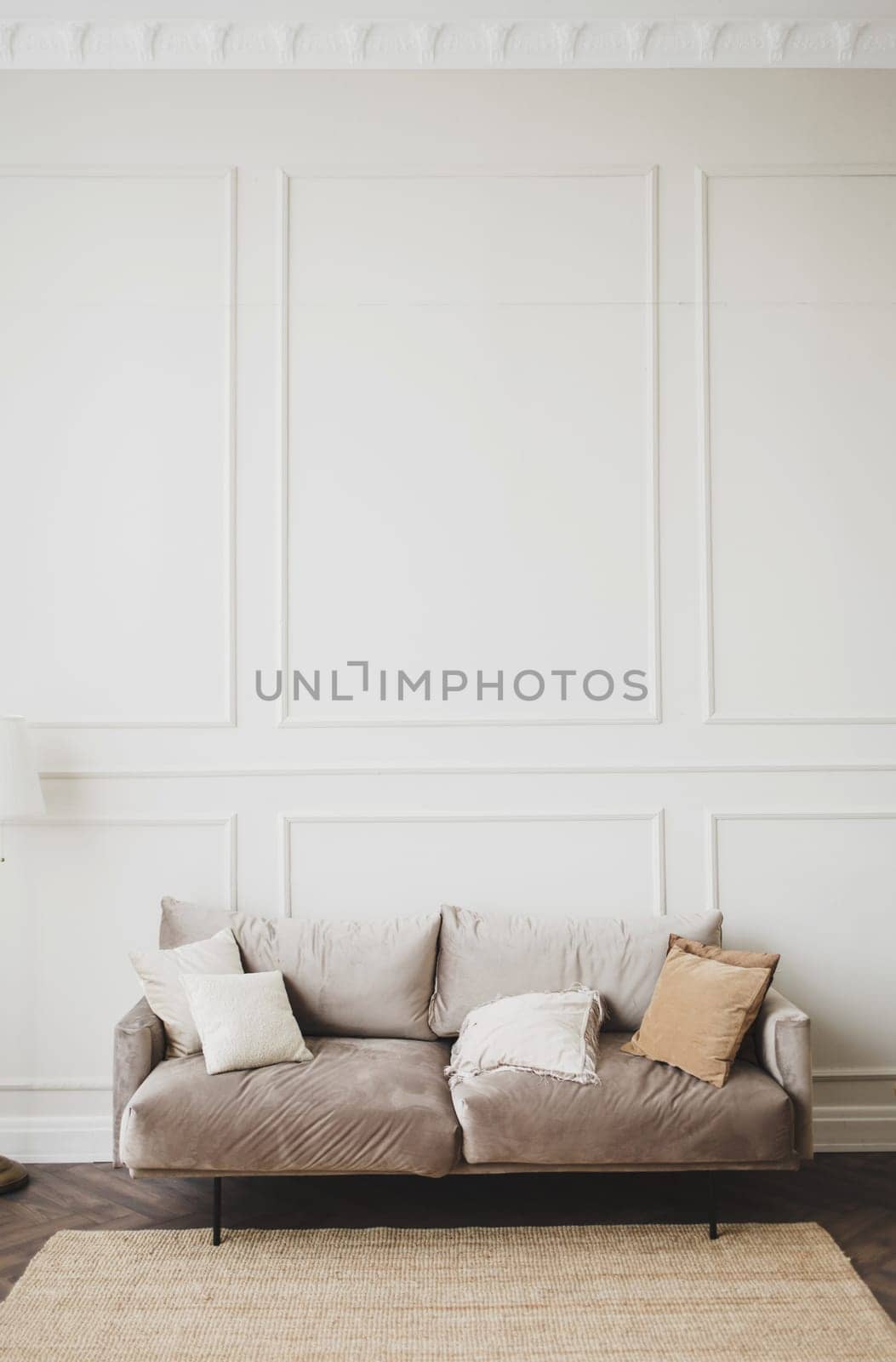 classic interior of a stylish apartment with a sofa. Minimalism in the details of the room