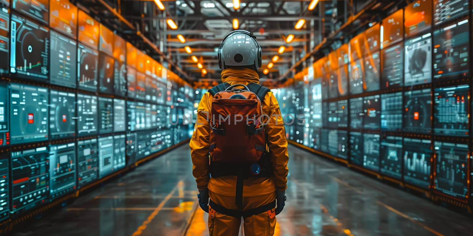 Worker in hard hat and red uniform in warehouse - back view by sarymsakov