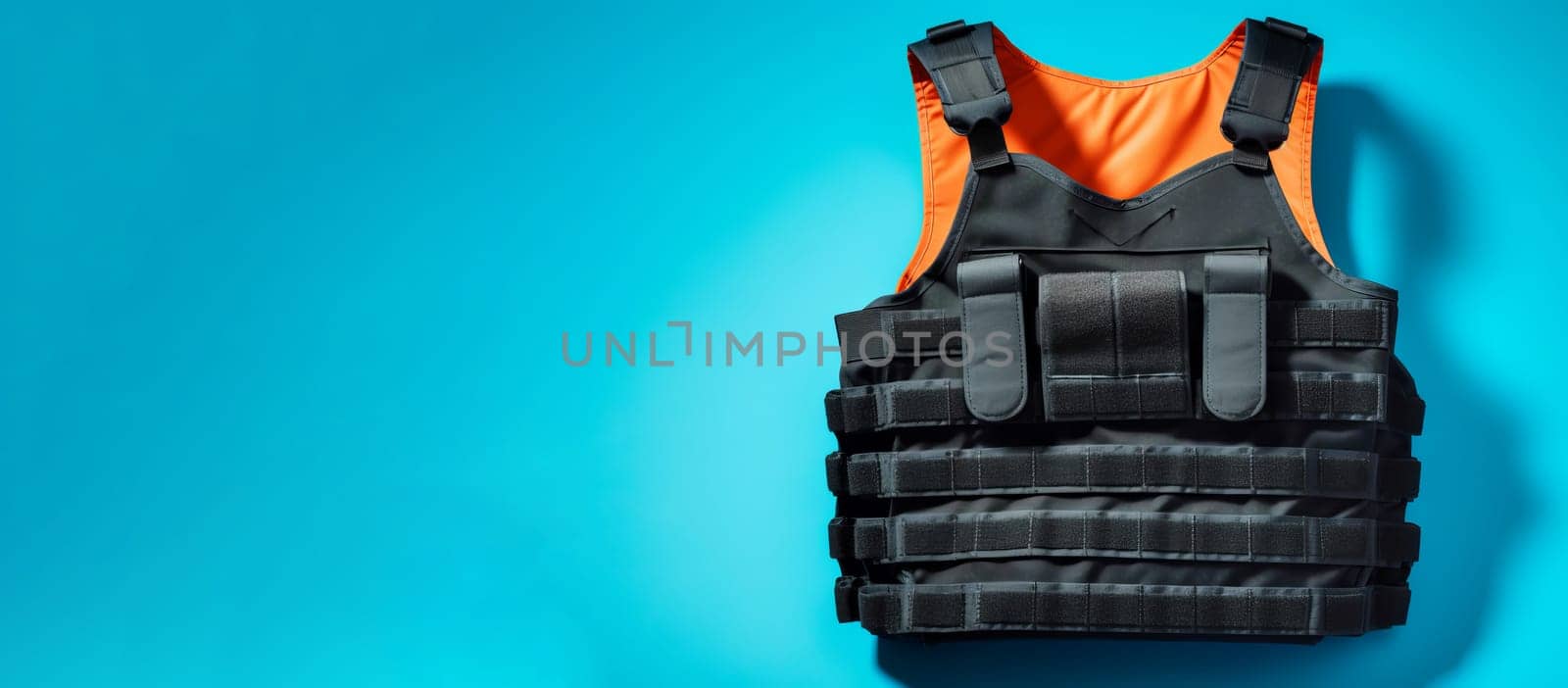 Bulletproof vest blue banner. Shield body fiber. Generate Ai