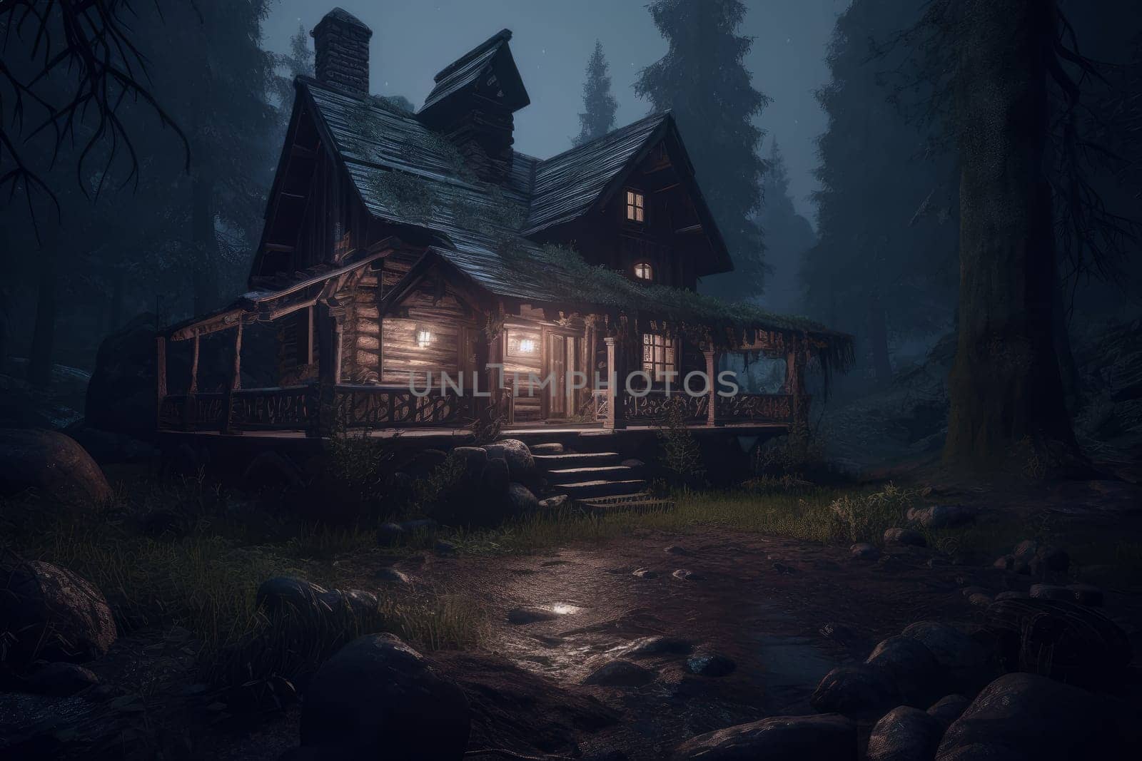 Cabin forest night. Generate Ai by ylivdesign