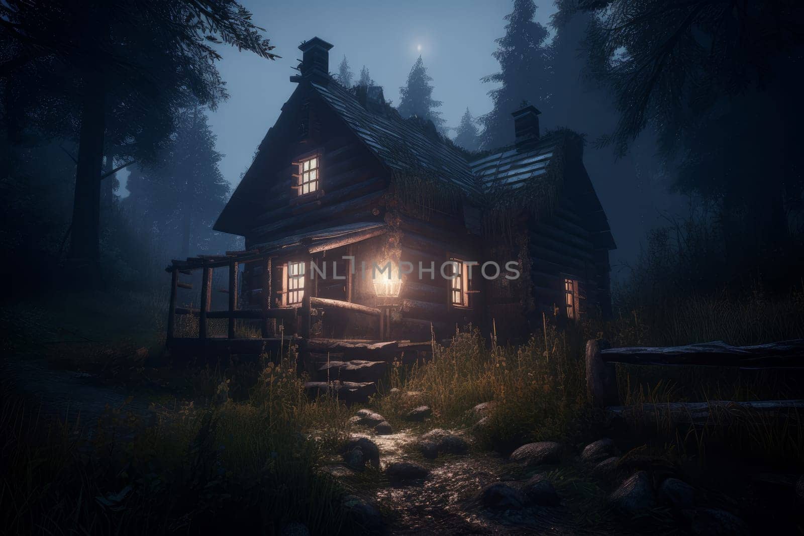 Cabin forest night creepy. Dark hut. Generate Ai