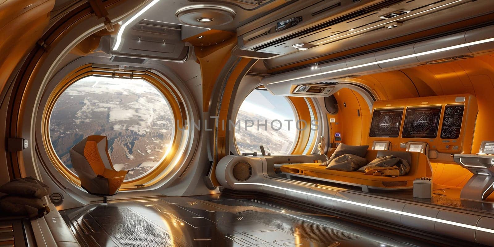 Dark blue spaceship futuristic interior with window view on planet Earth 3d rendering elements of this image furnished by NASA.