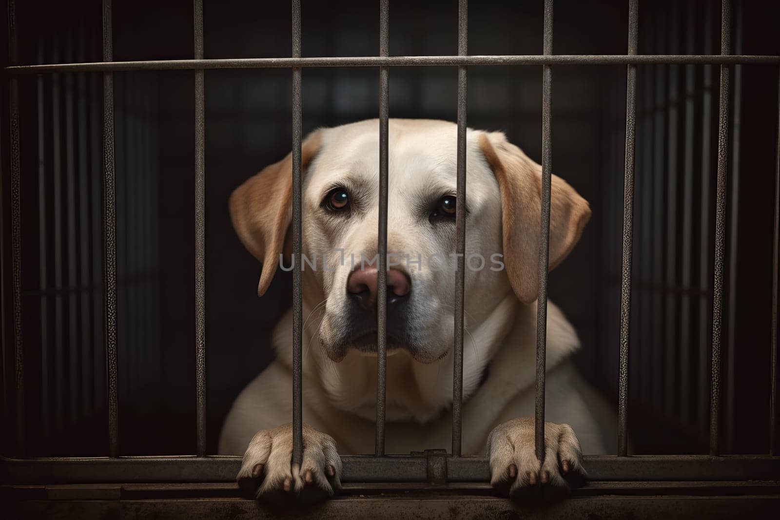 Caged sad dog. Pet domestic cage. Generate Ai