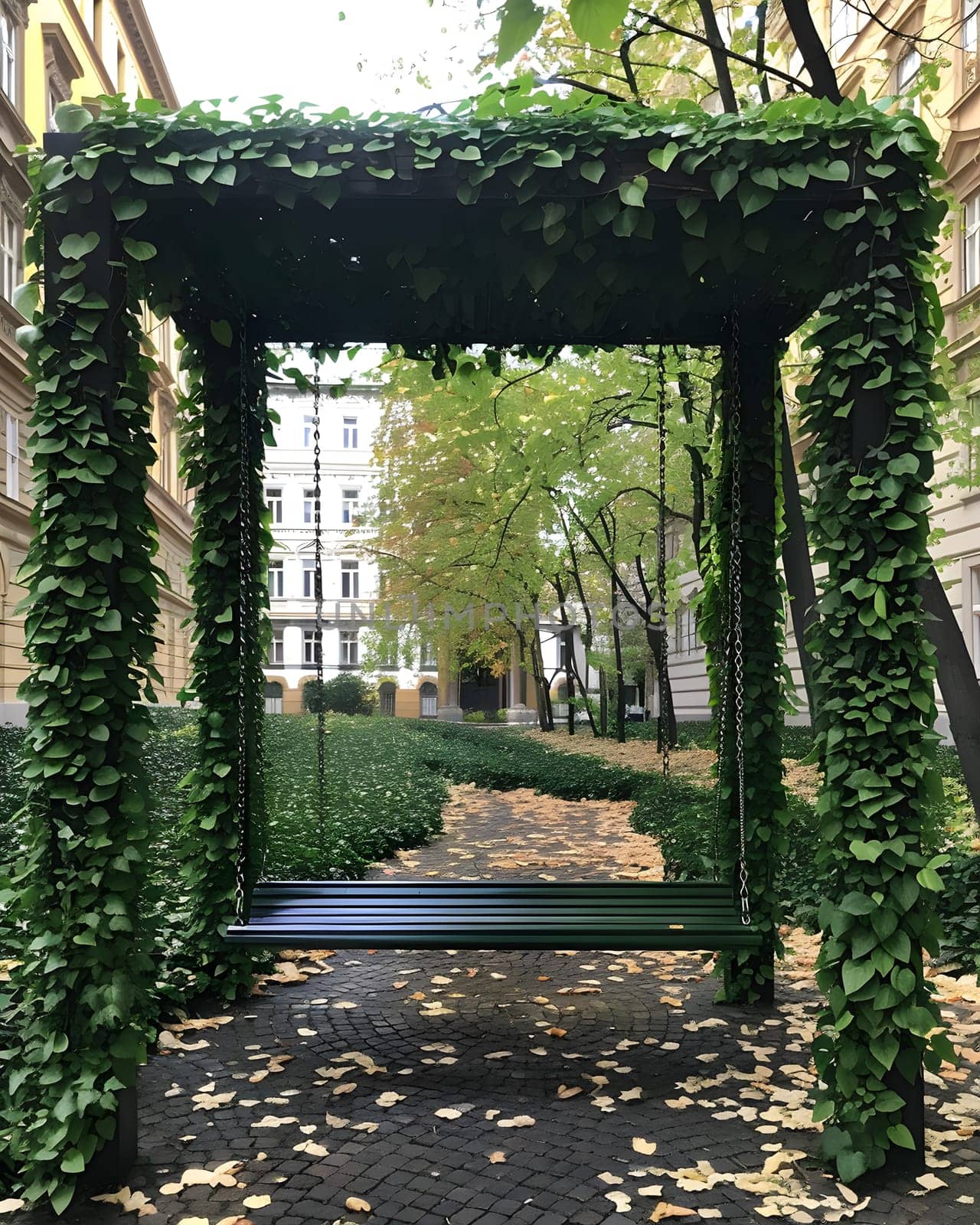 A plantfilled green bench sits under a canopy of ivy in a park, surrounded by shrubs and grass. The scene is framed by a brick archway, creating a picturesque landscape