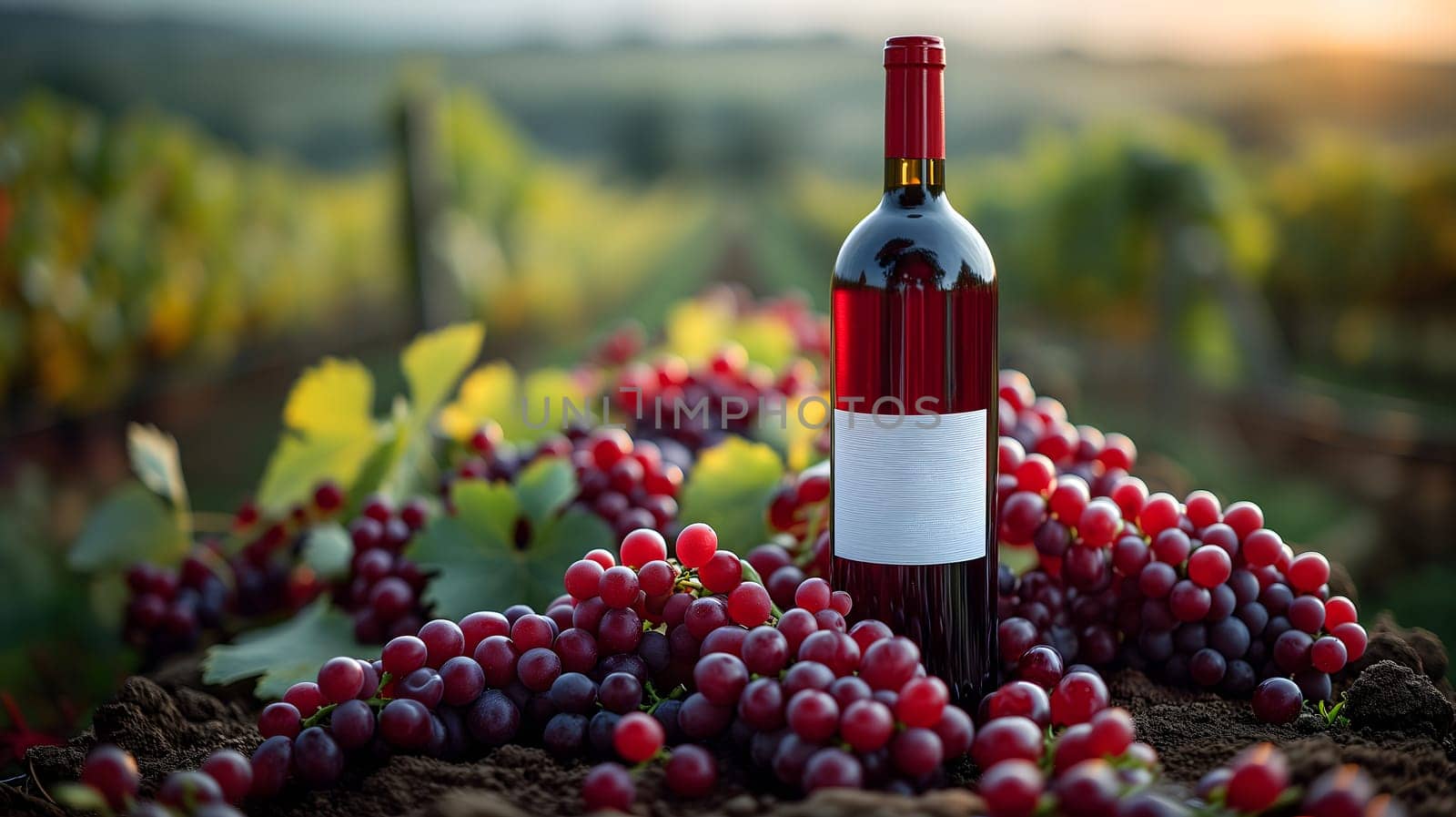 A red wine bottle in front of a landscape of grape farmland. by z1b